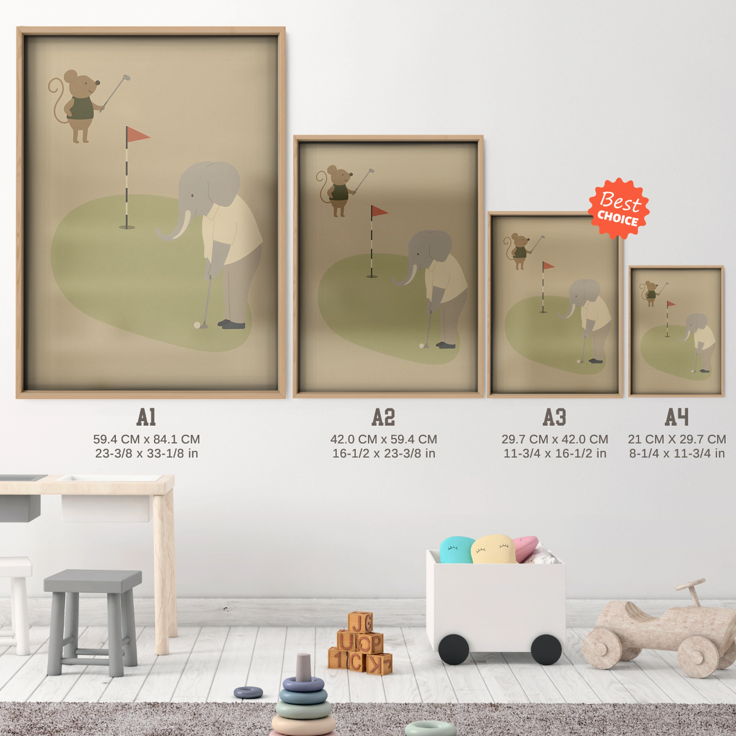Golfing Friends Nursery Print - size guide A4 A3 A2 A1 nursery print