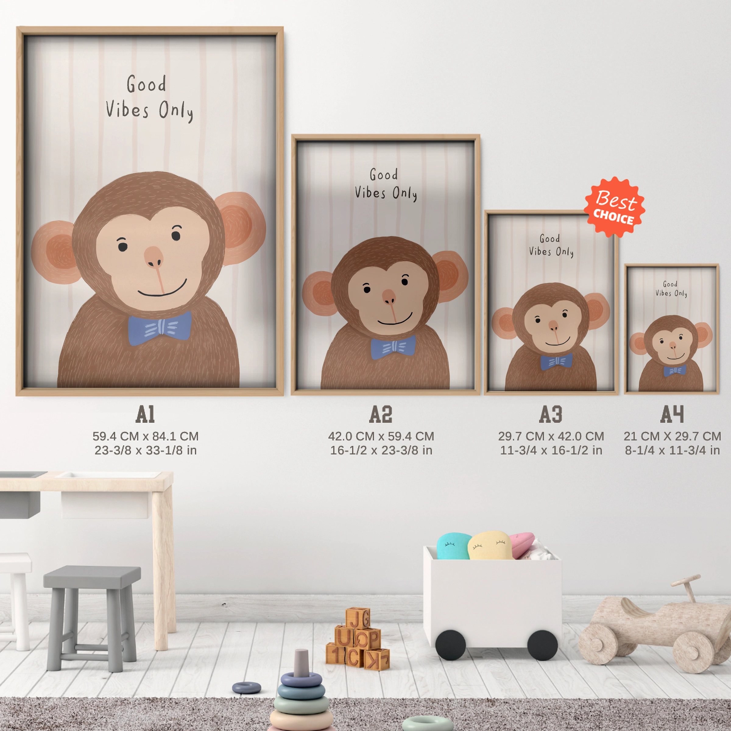 Good Vibes Only Monkey Nursery Print - size guide A4 A3 A2 A1 nursery print