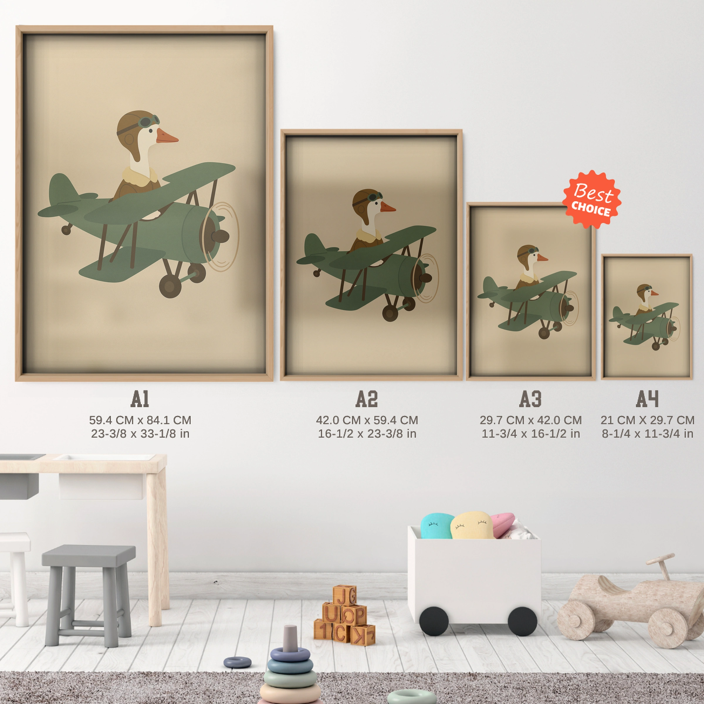 Goose Aviator in a Plane Nursery Print - size guide A4 A3 A2 A1 nursery print