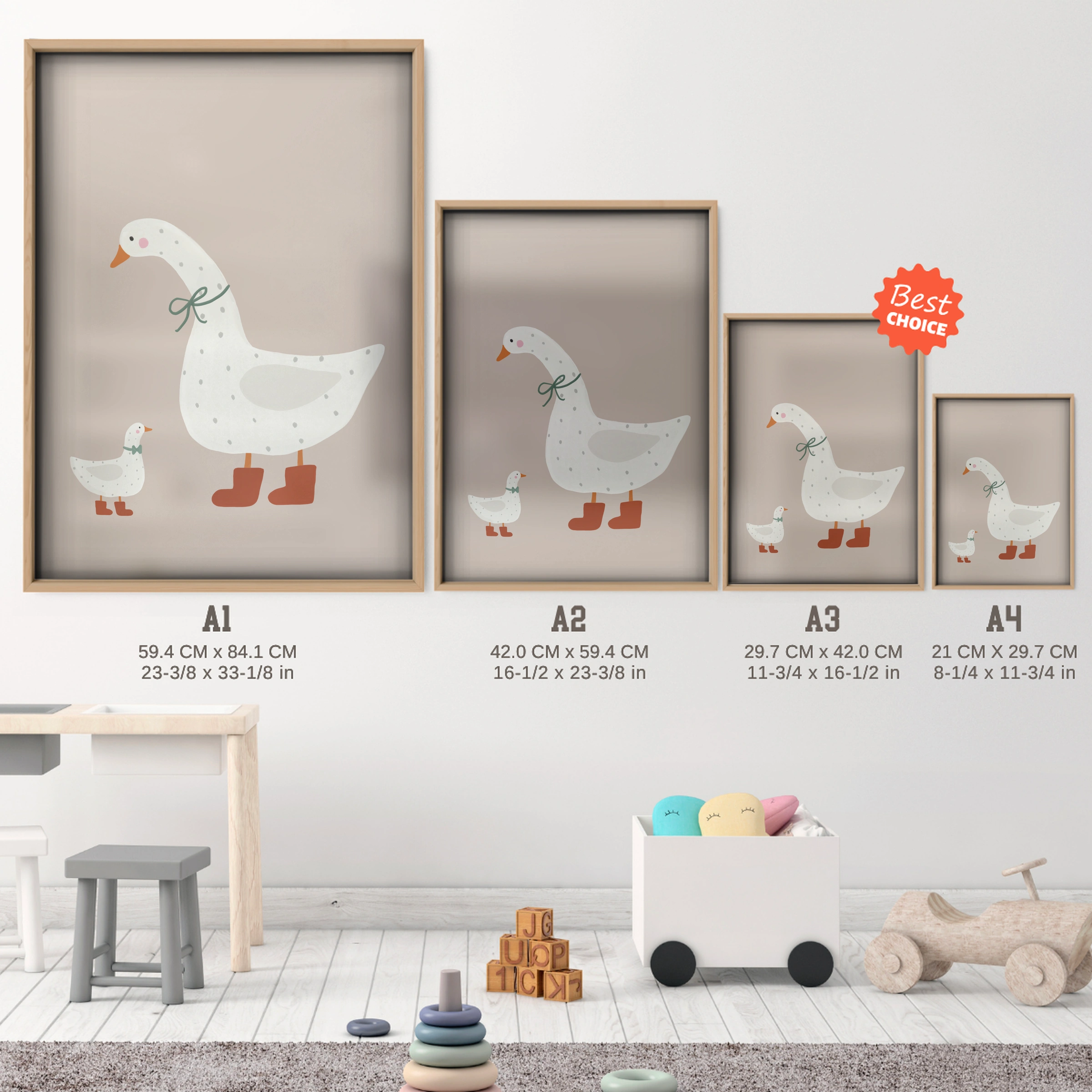 Goose Family Nursery Print - size guide A4 A3 A2 A1 nursery print