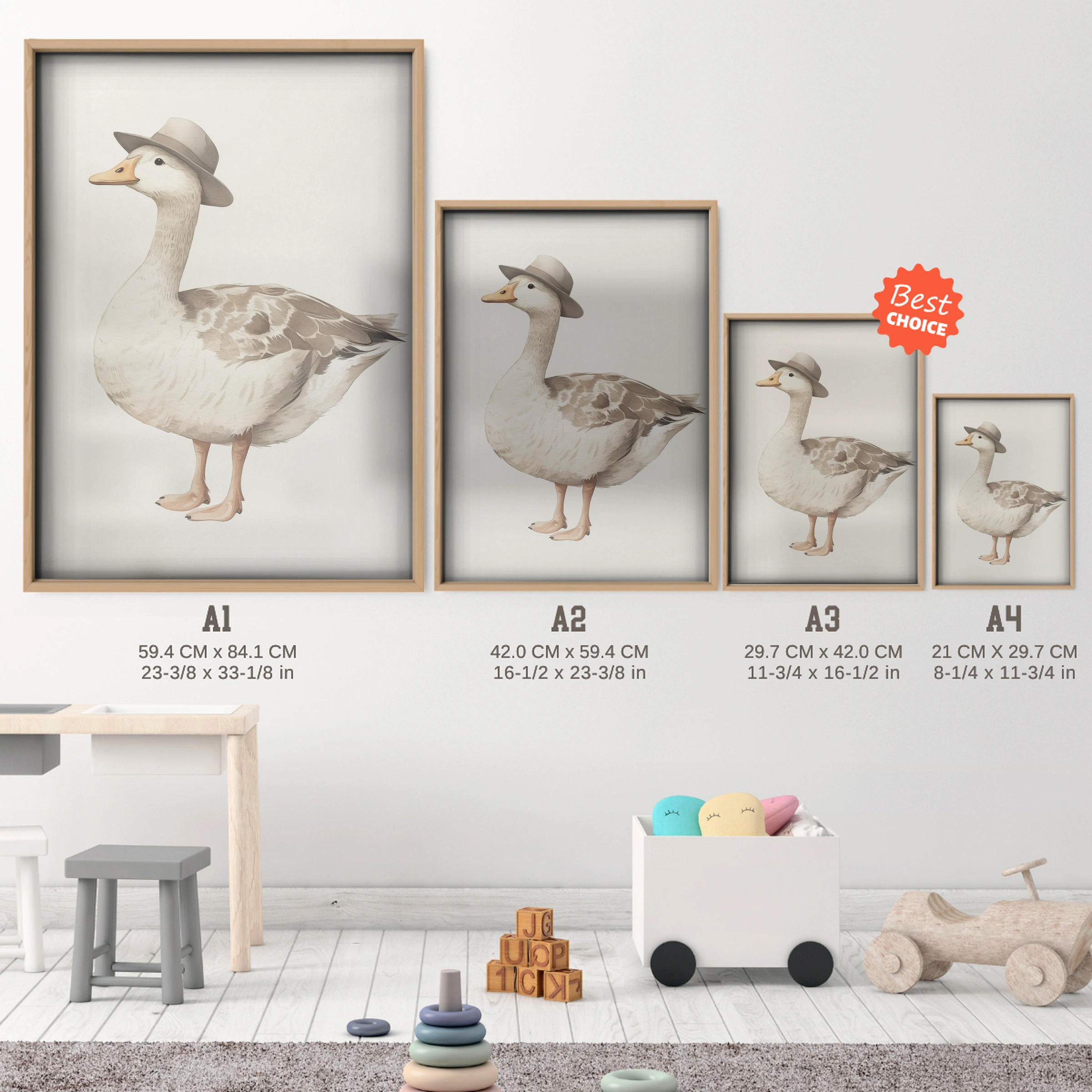 Goose in a Hat Nursery Print - size guide A4 A3 A2 A1 nursery print