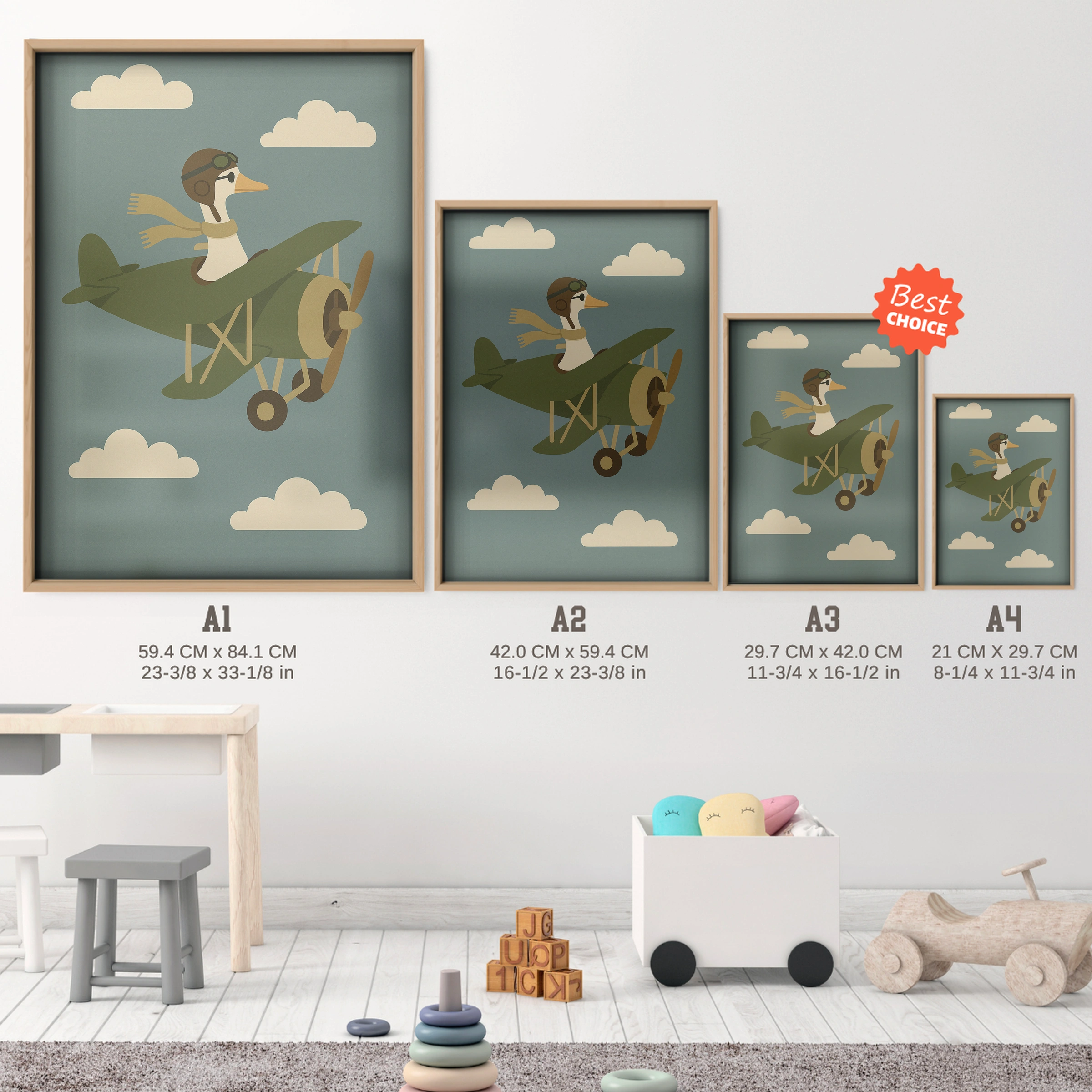 Goose in a Plane Nursery Print - size guide A4 A3 A2 A1 nursery print