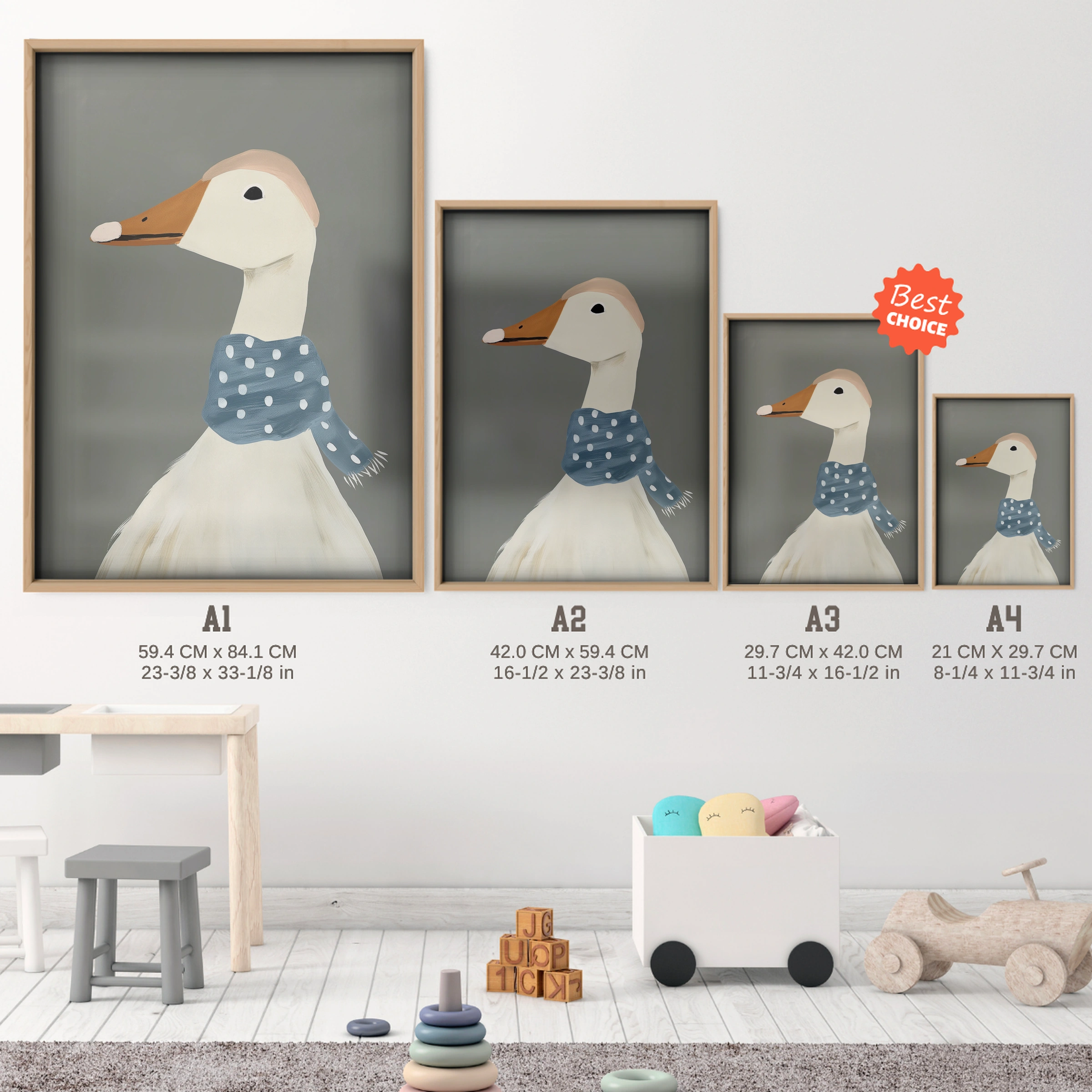 Goose in a Scarf Nursery Print - size guide A4 A3 A2 A1 nursery print