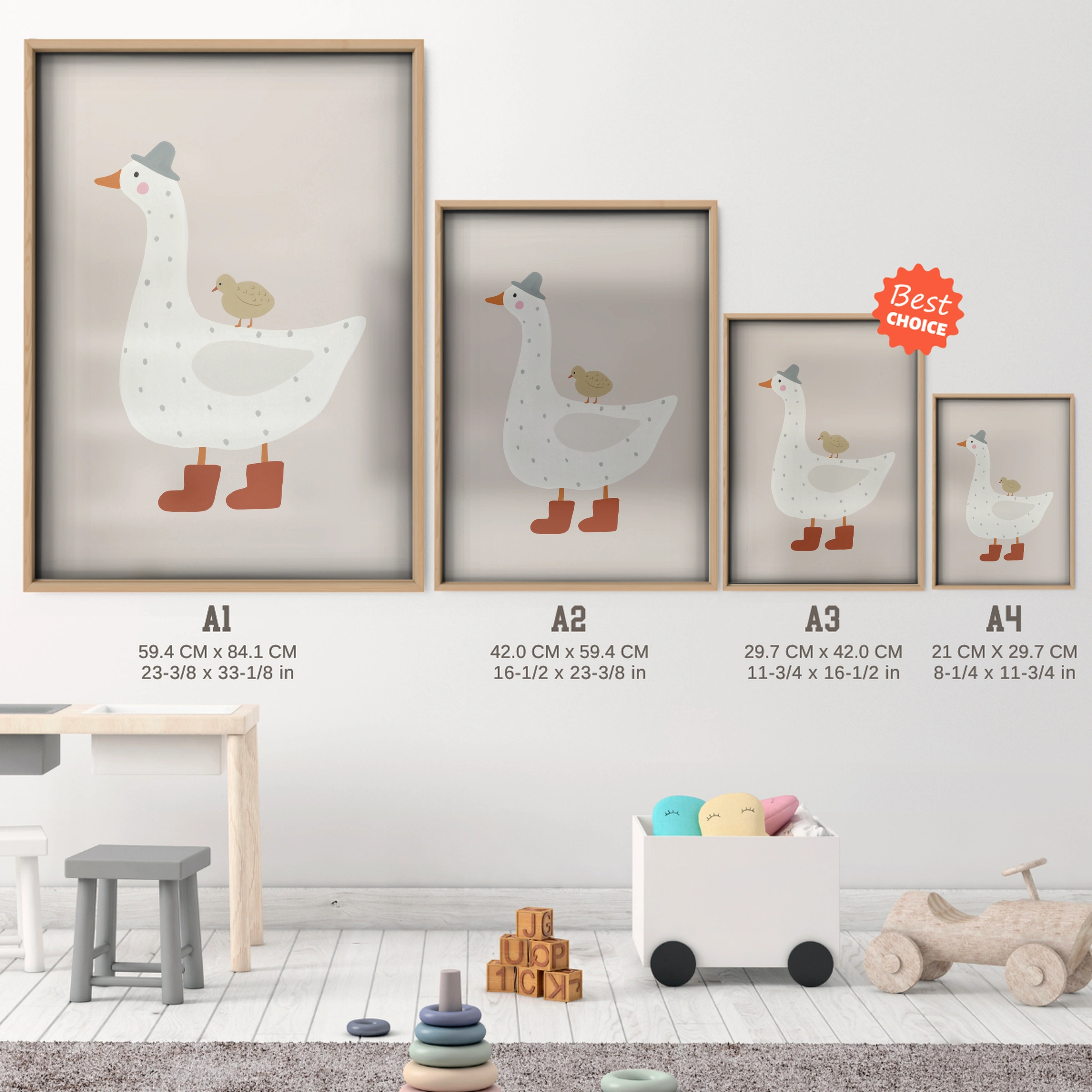 Goose in Boots Nursery Print - size guide A4 A3 A2 A1 nursery print