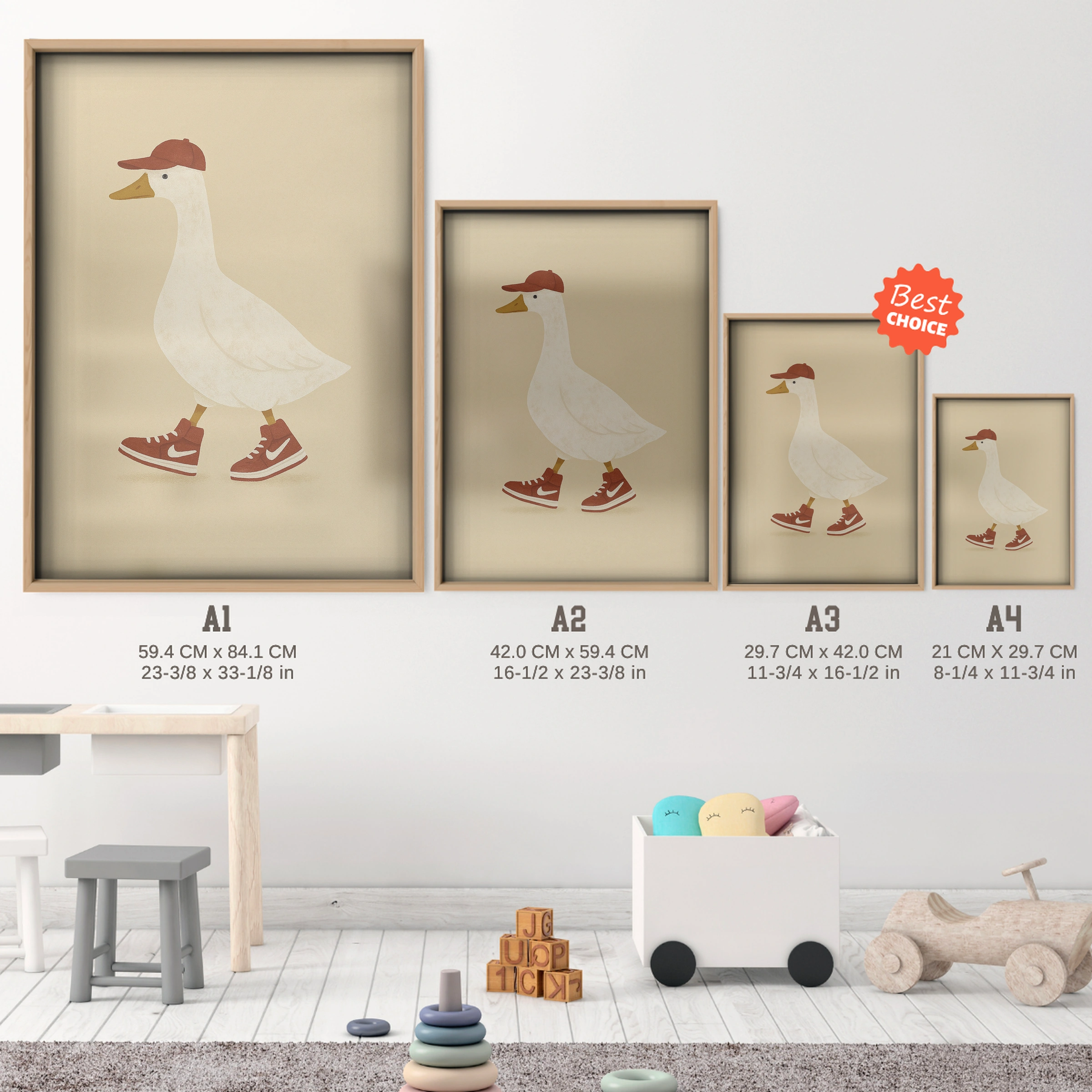 Goose in Sneakers Nursery Print - size guide A4 A3 A2 A1 nursery print