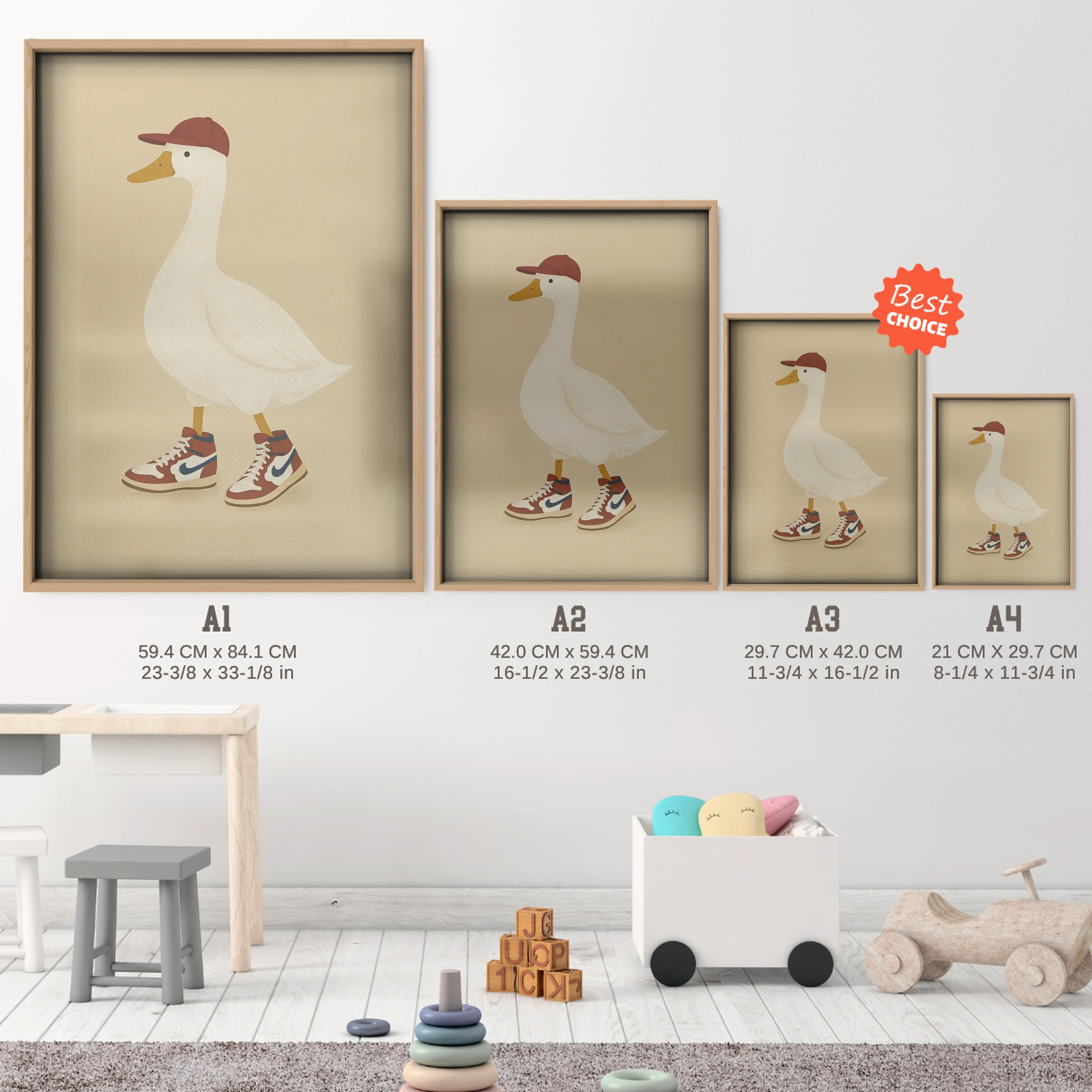 Goose in Sneakers Two Nursery Print - size guide A4 A3 A2 A1 nursery print