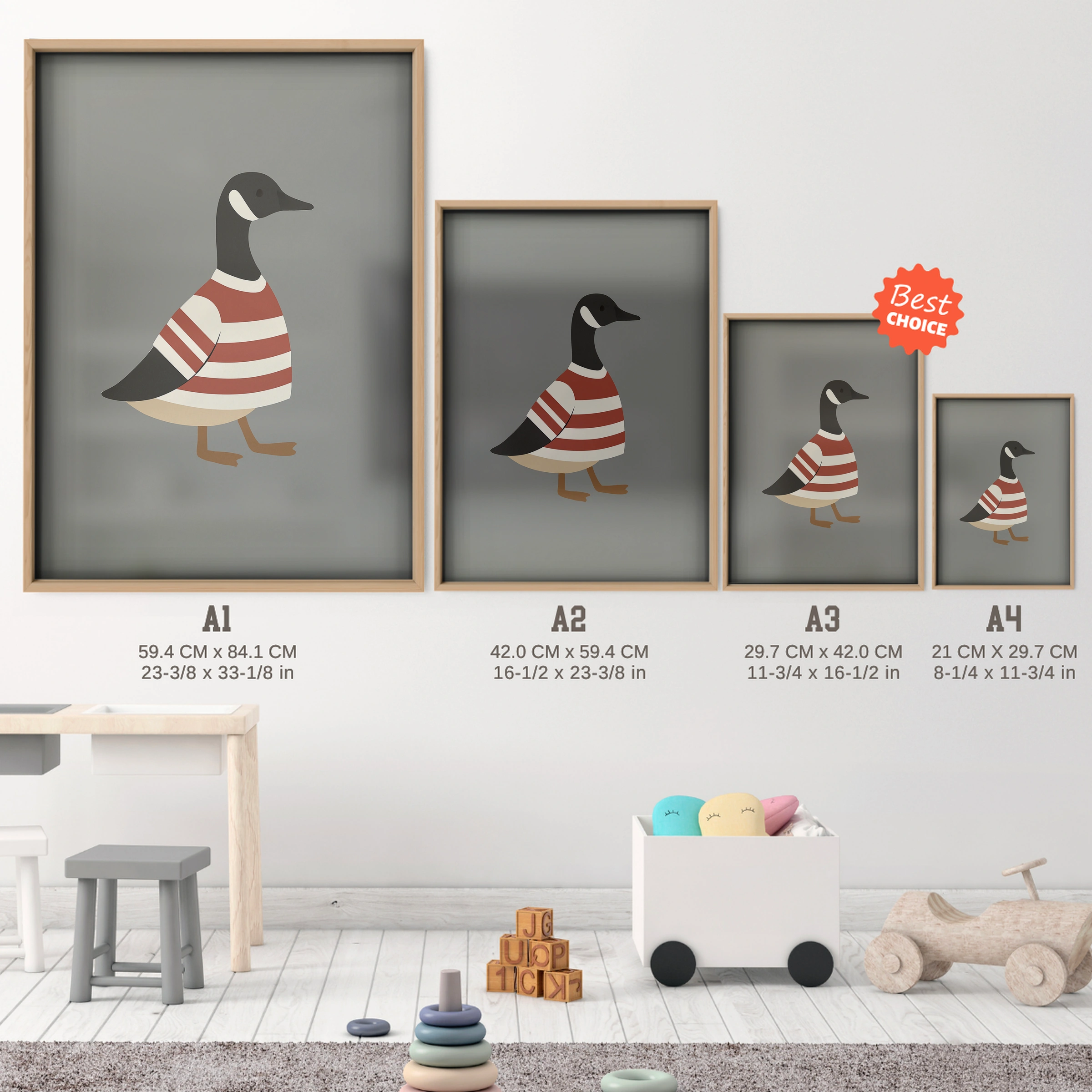 Goose in Stripes Nursery Print - size guide A4 A3 A2 A1 nursery print