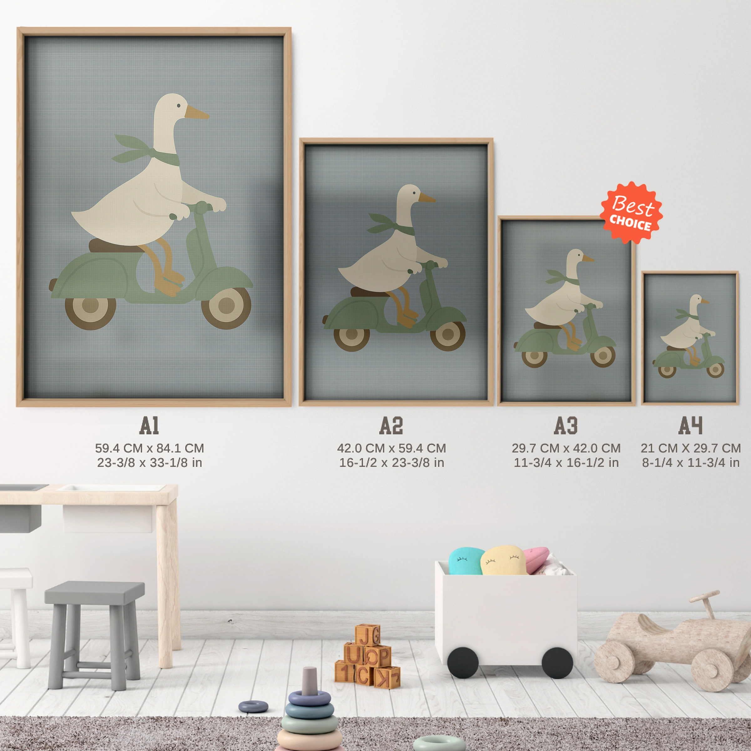 Goose on a Scooter Nursery Print - size guide A4 A3 A2 A1 nursery print