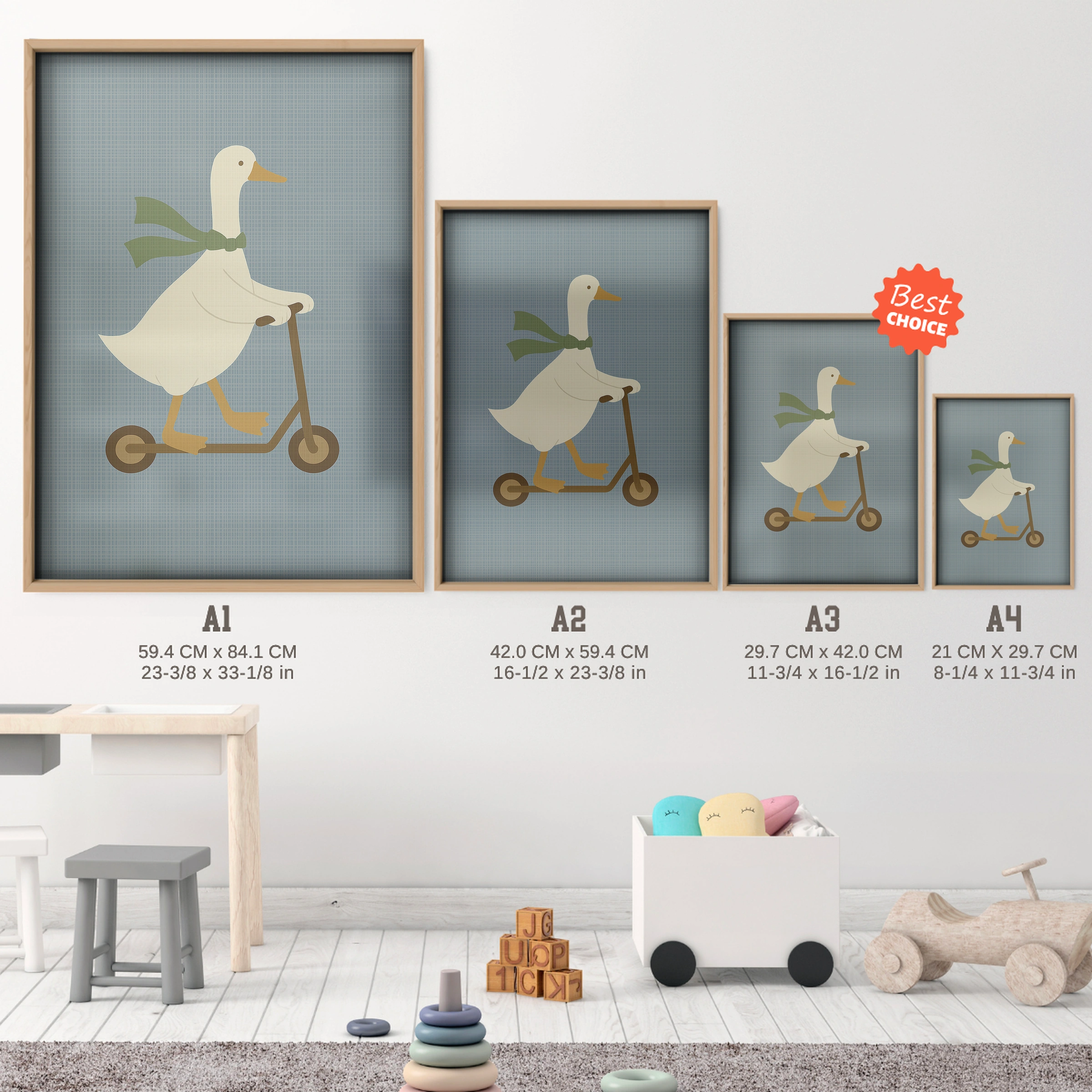 Goose Scooter Ride Nursery Print - size guide A4 A3 A2 A1 nursery print