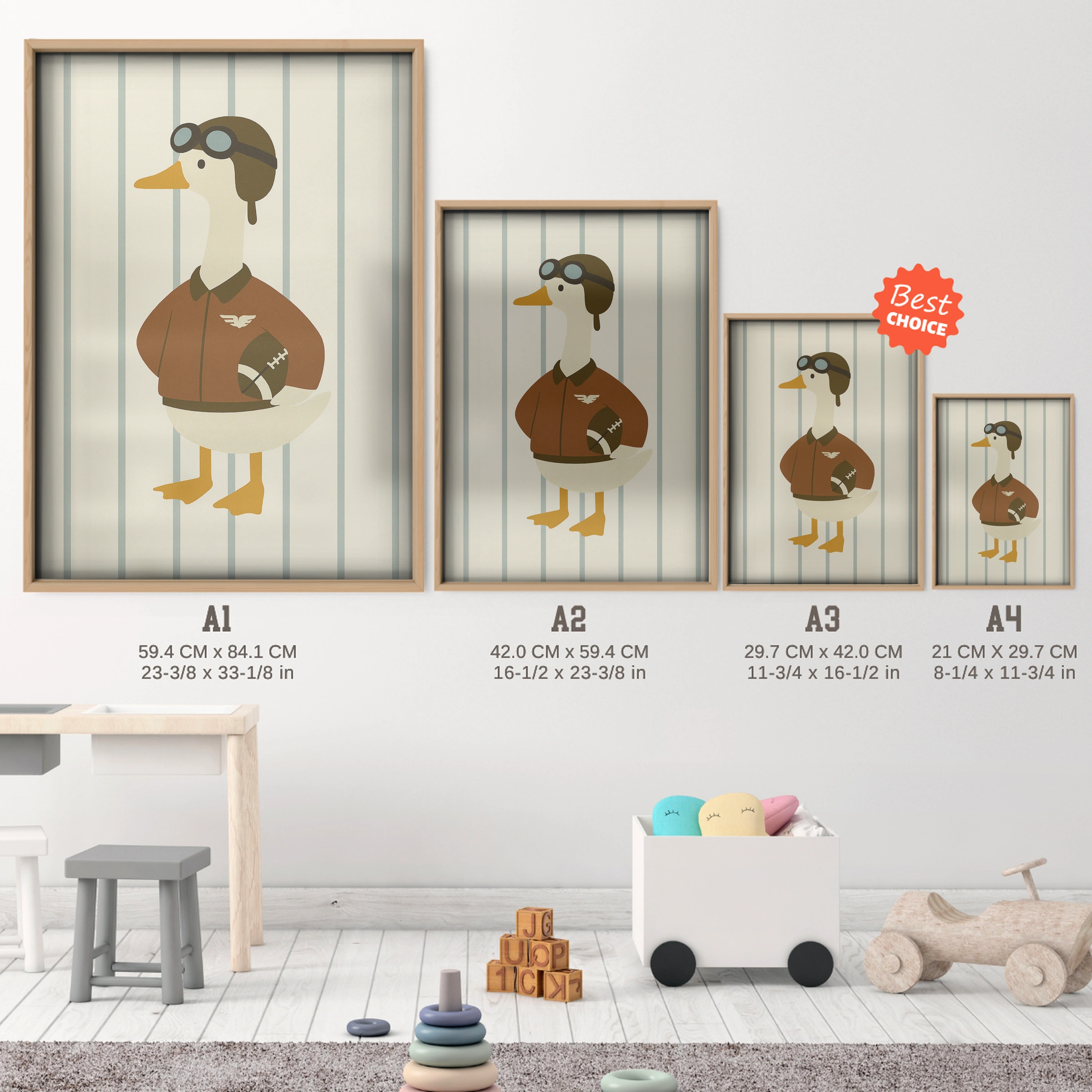 Goose with a Football Nursery Print - size guide A4 A3 A2 A1 nursery print