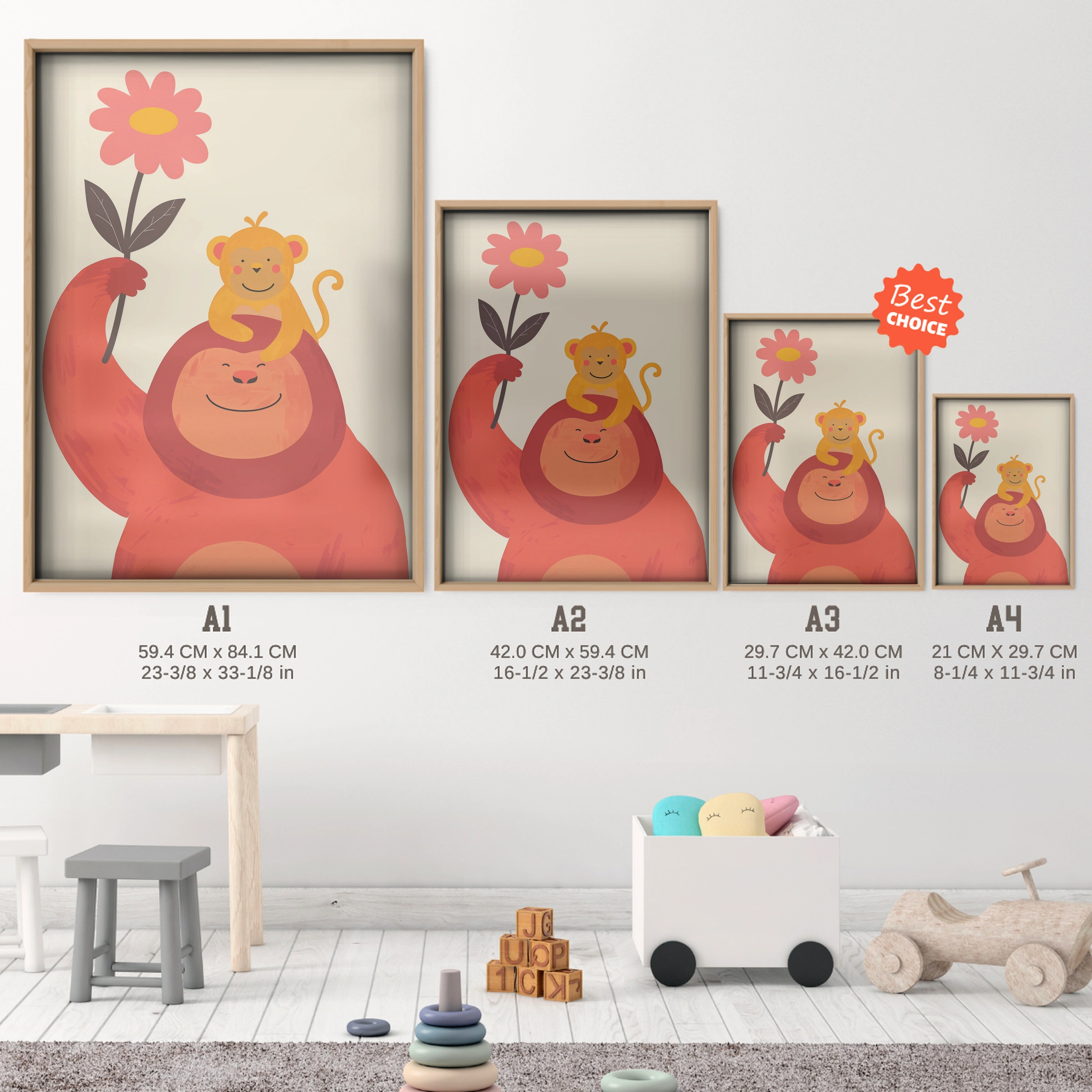 Gorilla and Monkey Nursery Print - size guide A4 A3 A2 A1 nursery print