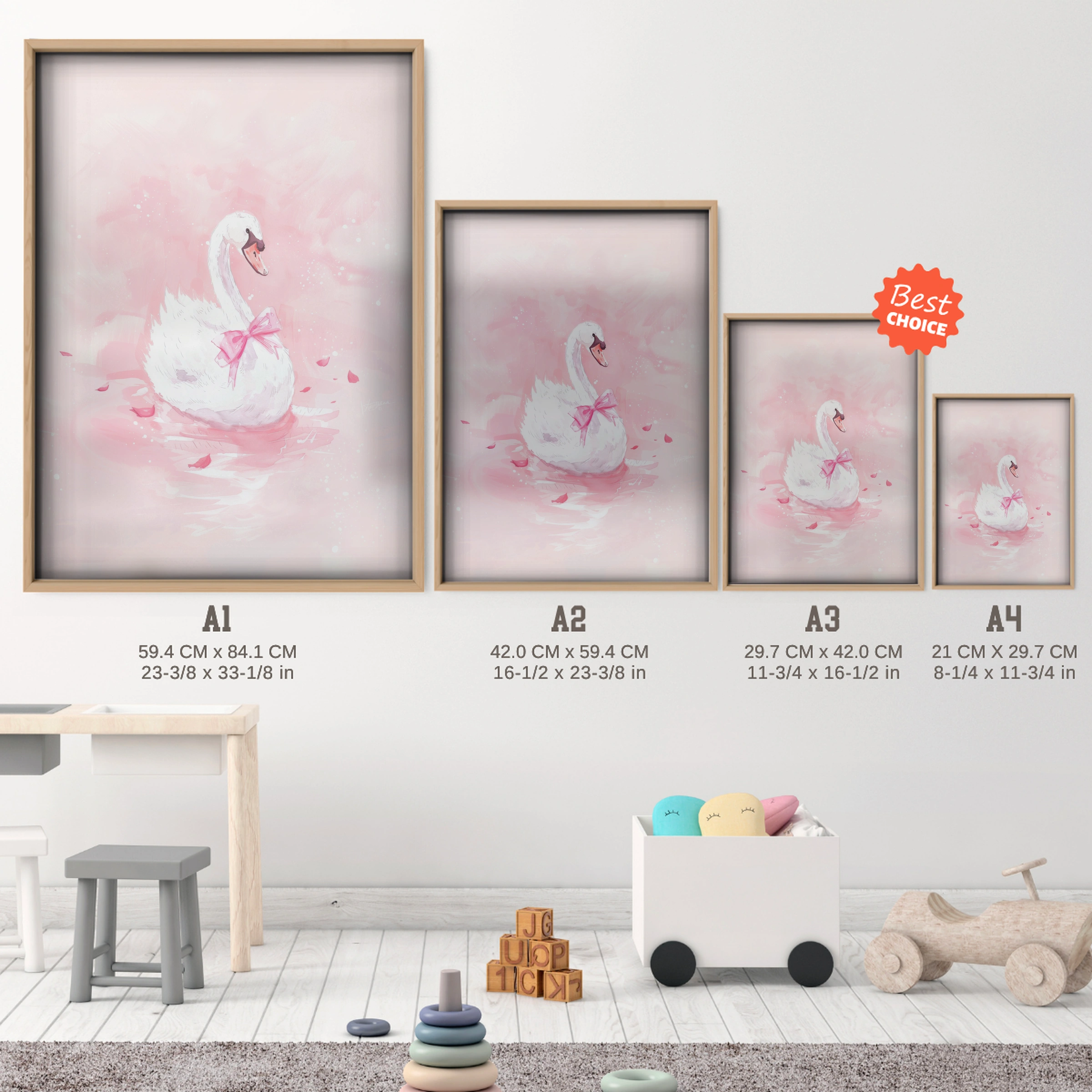 Graceful Swan Nursery Print - size guide A4 A3 A2 A1 nursery print