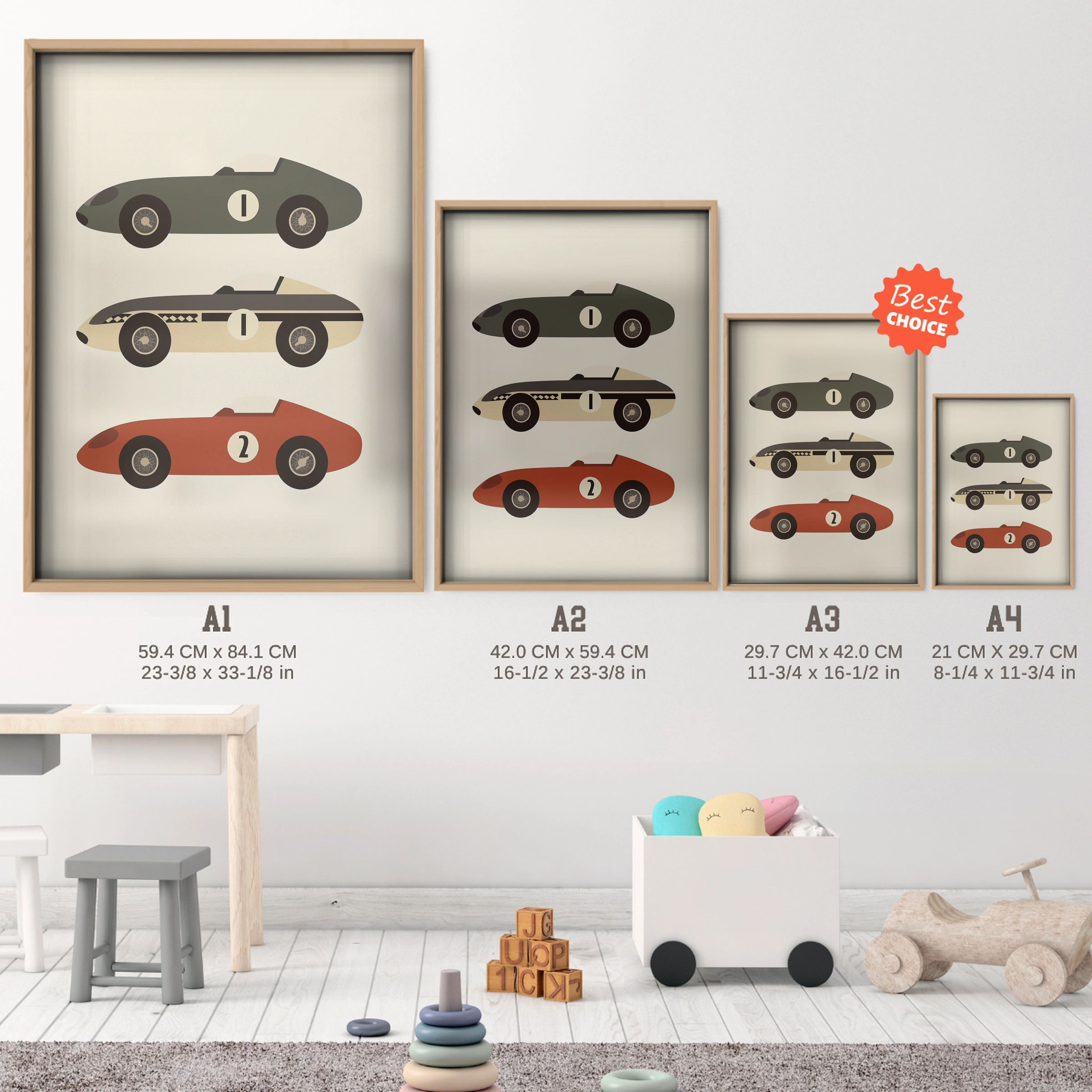 Grand Prix Race Cars Nursery Print - size guide A4 A3 A2 A1 nursery print