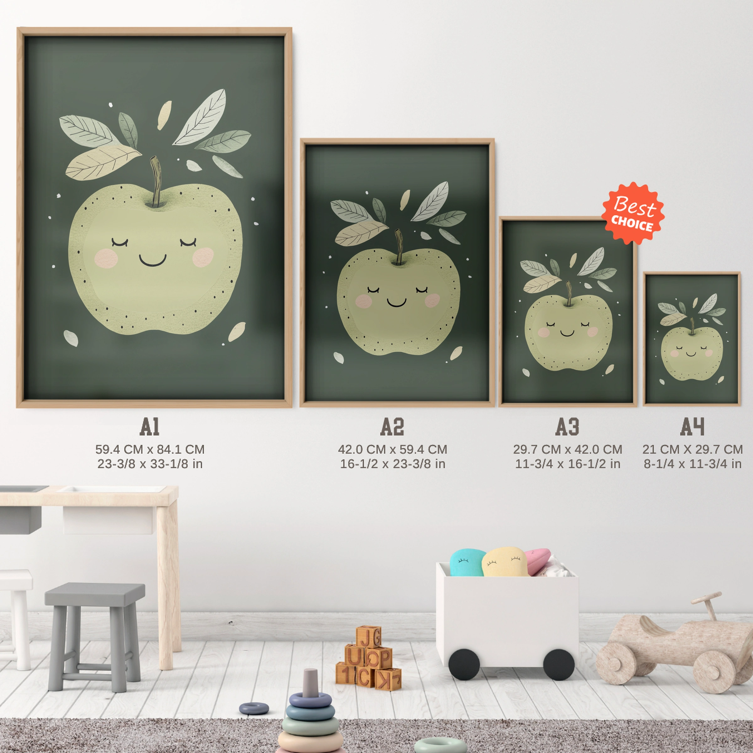Green Apple Nursery Print - size guide A4 A3 A2 A1 nursery print