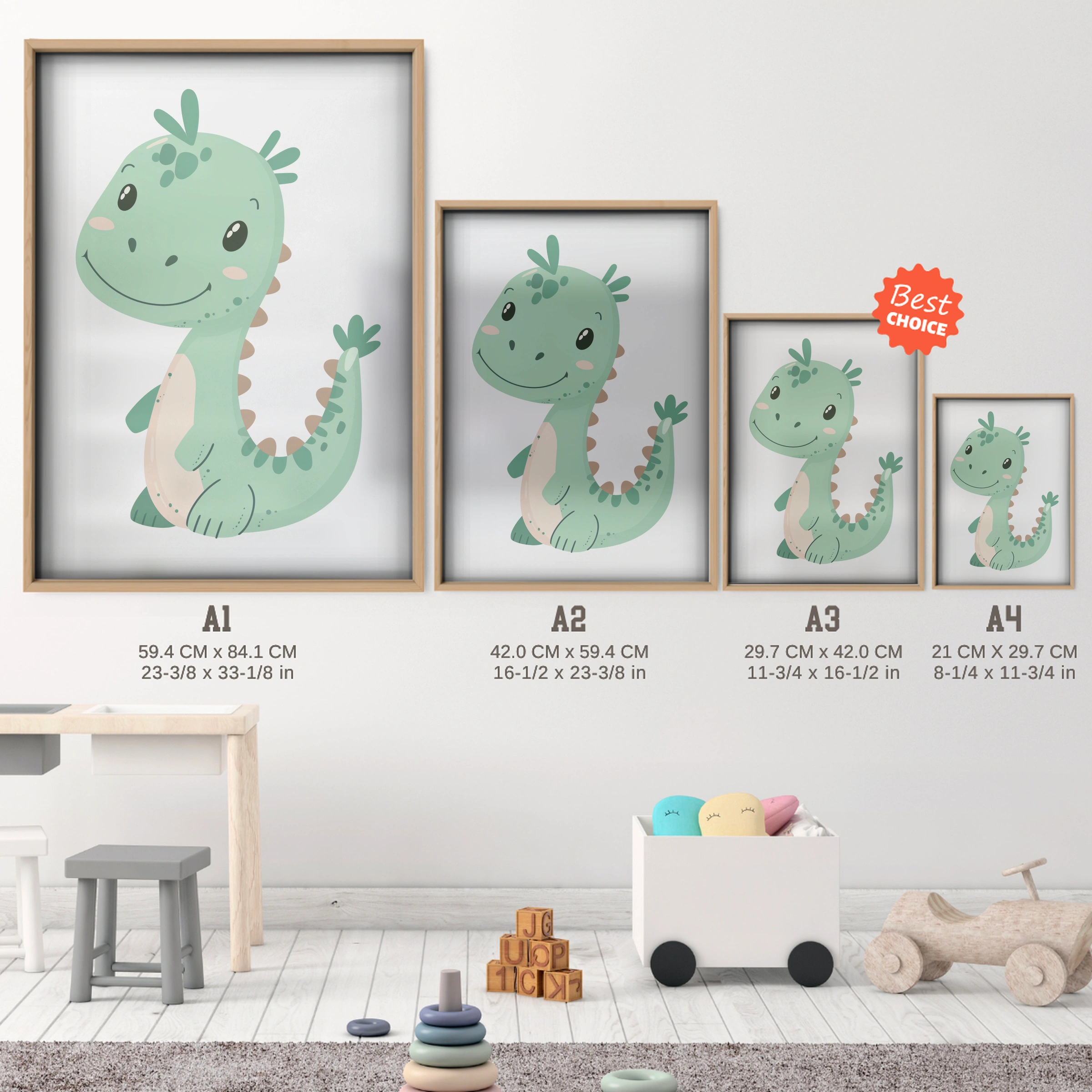 Green Baby Dinosaur Nursery Print - size guide A4 A3 A2 A1 nursery print