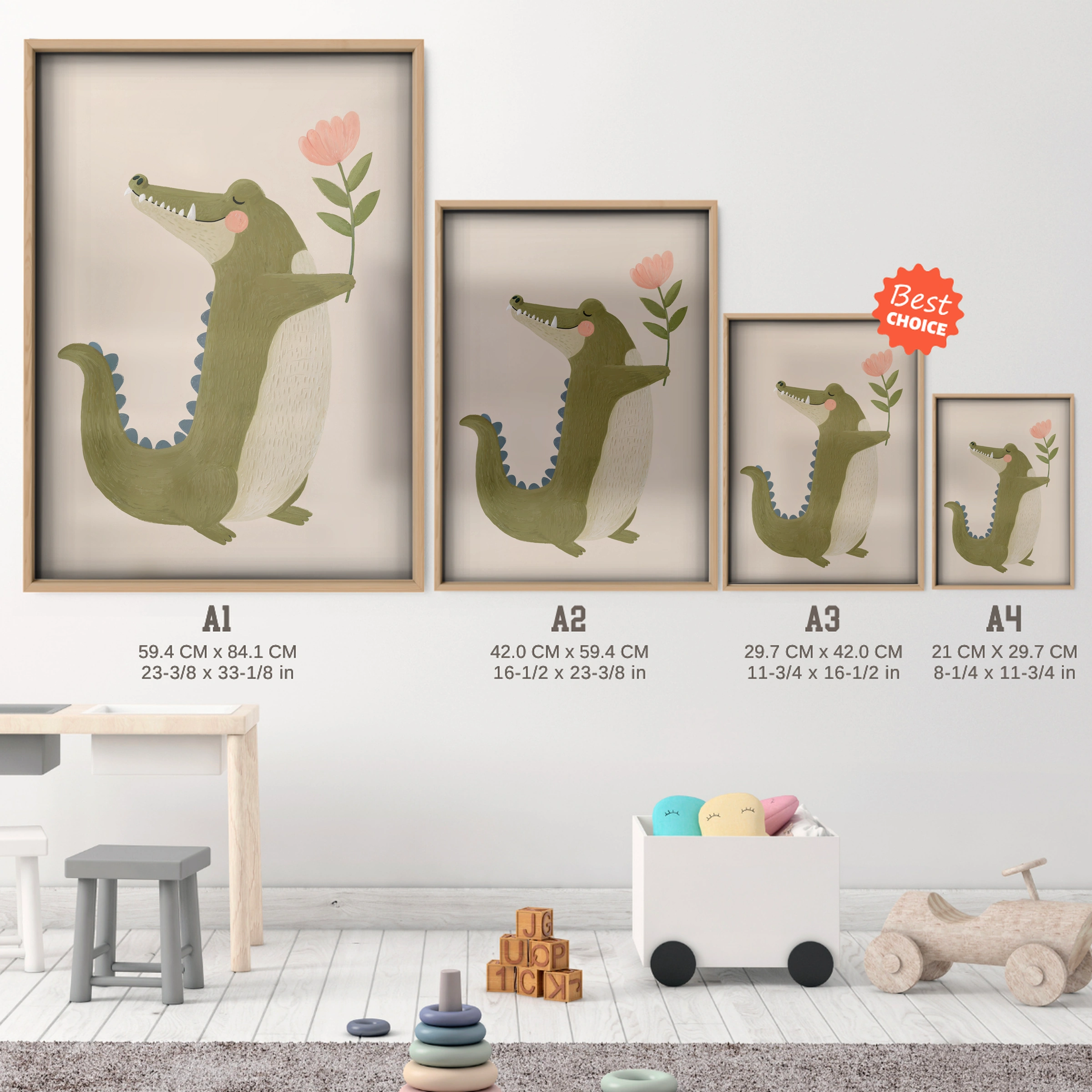 Green Crocodile Nursery Print - size guide A4 A3 A2 A1 nursery print