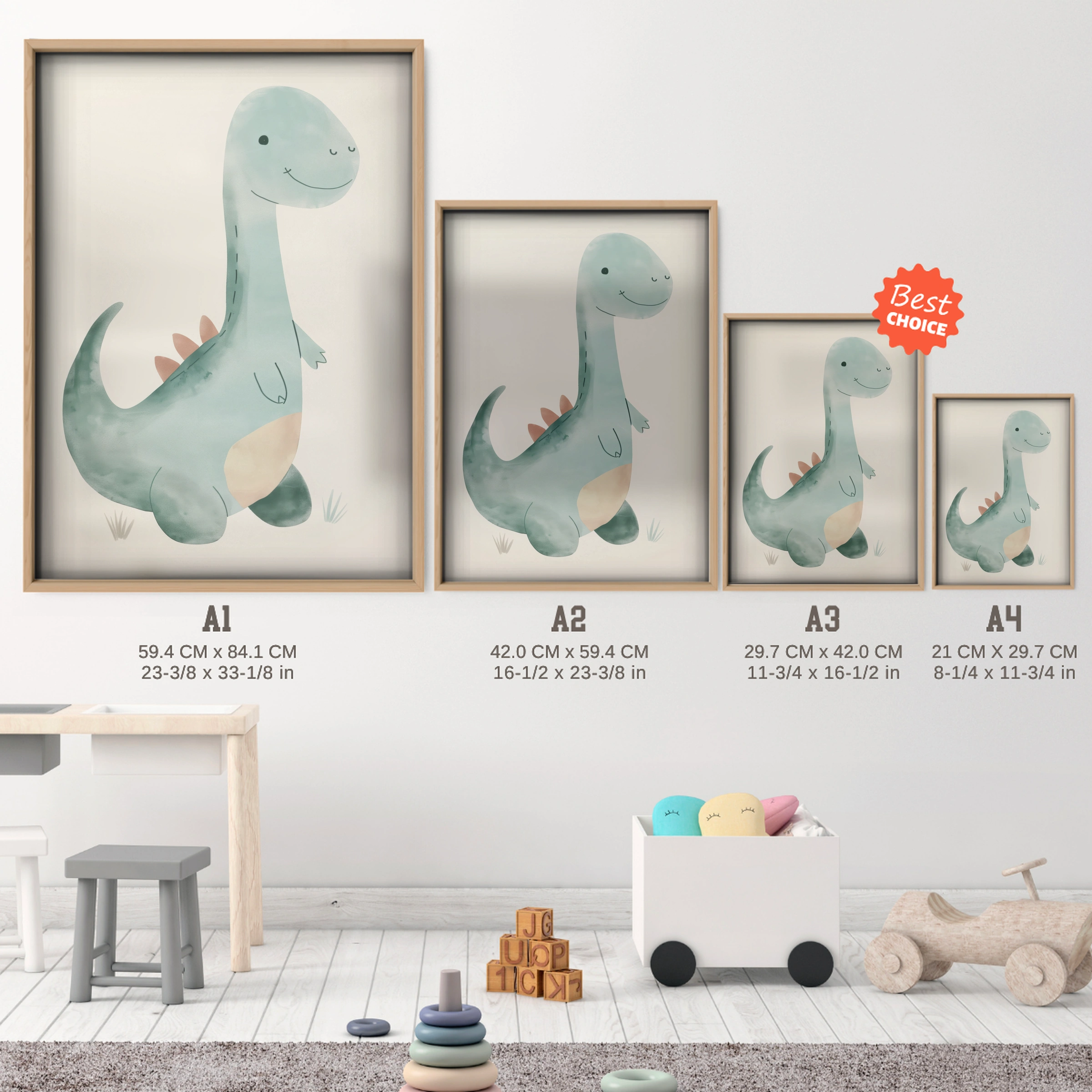 Green Dino Portrait Nursery Print - size guide A4 A3 A2 A1 nursery print