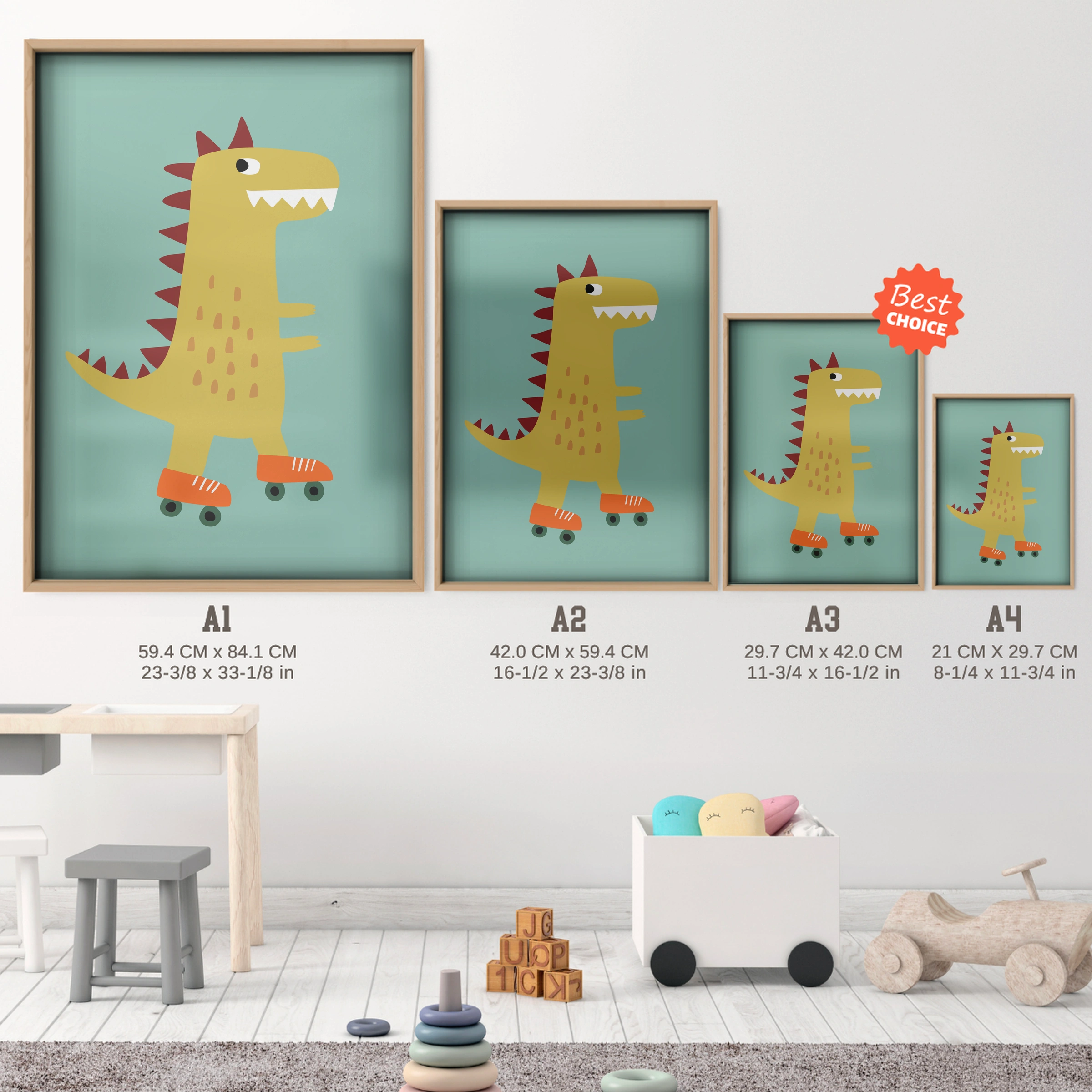 Green Dinosaur Nursery Print - size guide A4 A3 A2 A1 nursery print