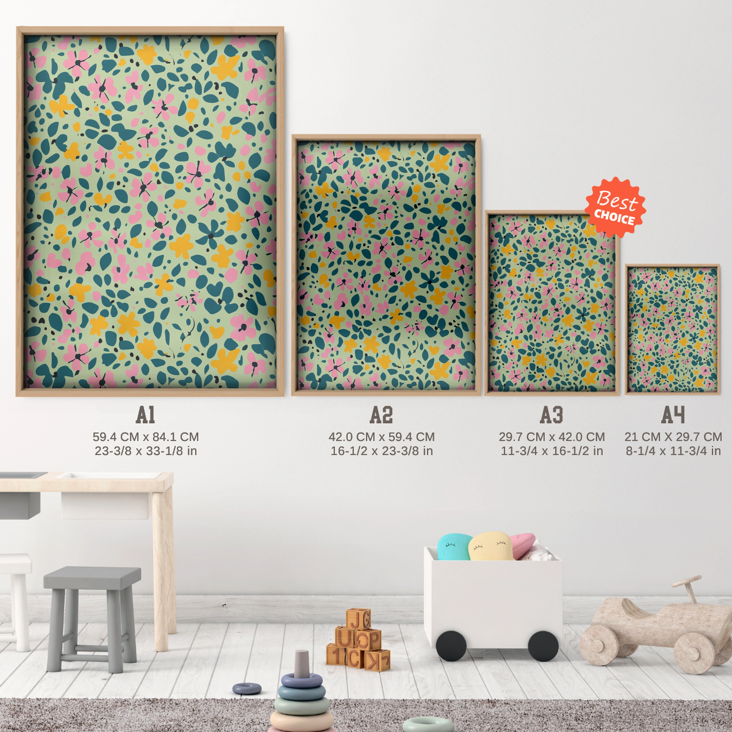 Green Ditsy Floral Nursery Print - size guide A4 A3 A2 A1 nursery print