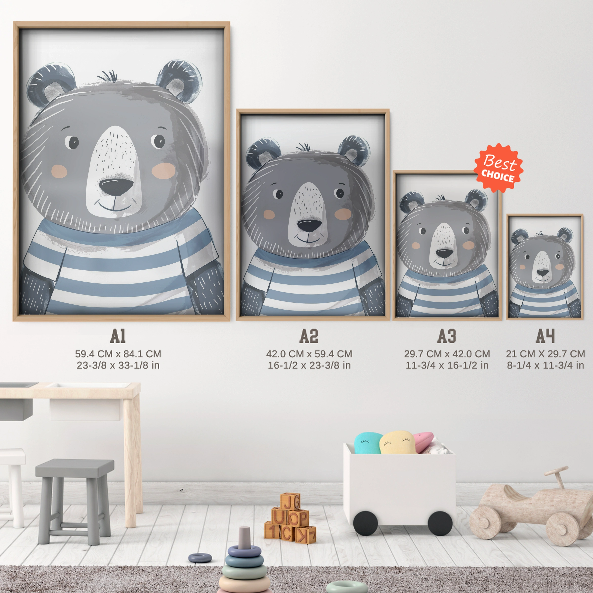 Grey Bear Nursery Print - size guide A4 A3 A2 A1 nursery print