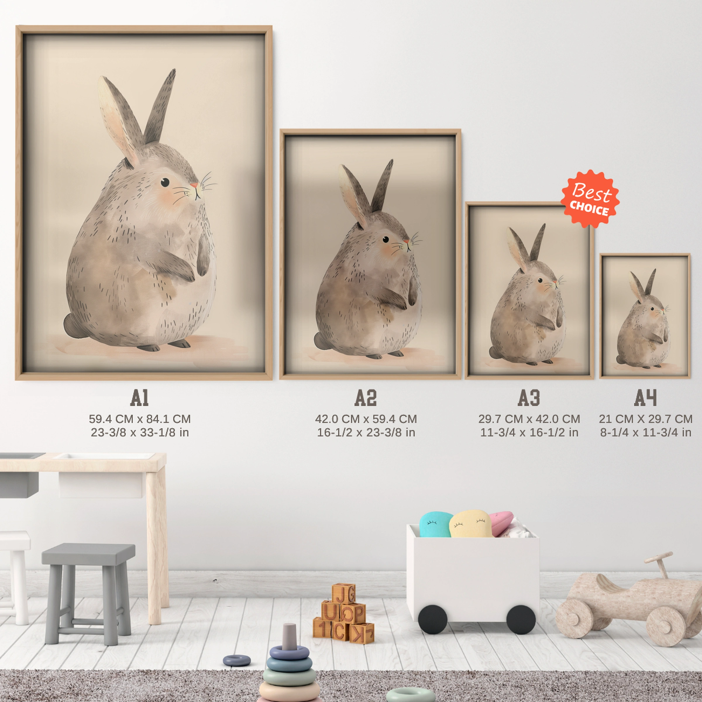 Grey Bunny Nursery Print - size guide A4 A3 A2 A1 nursery print