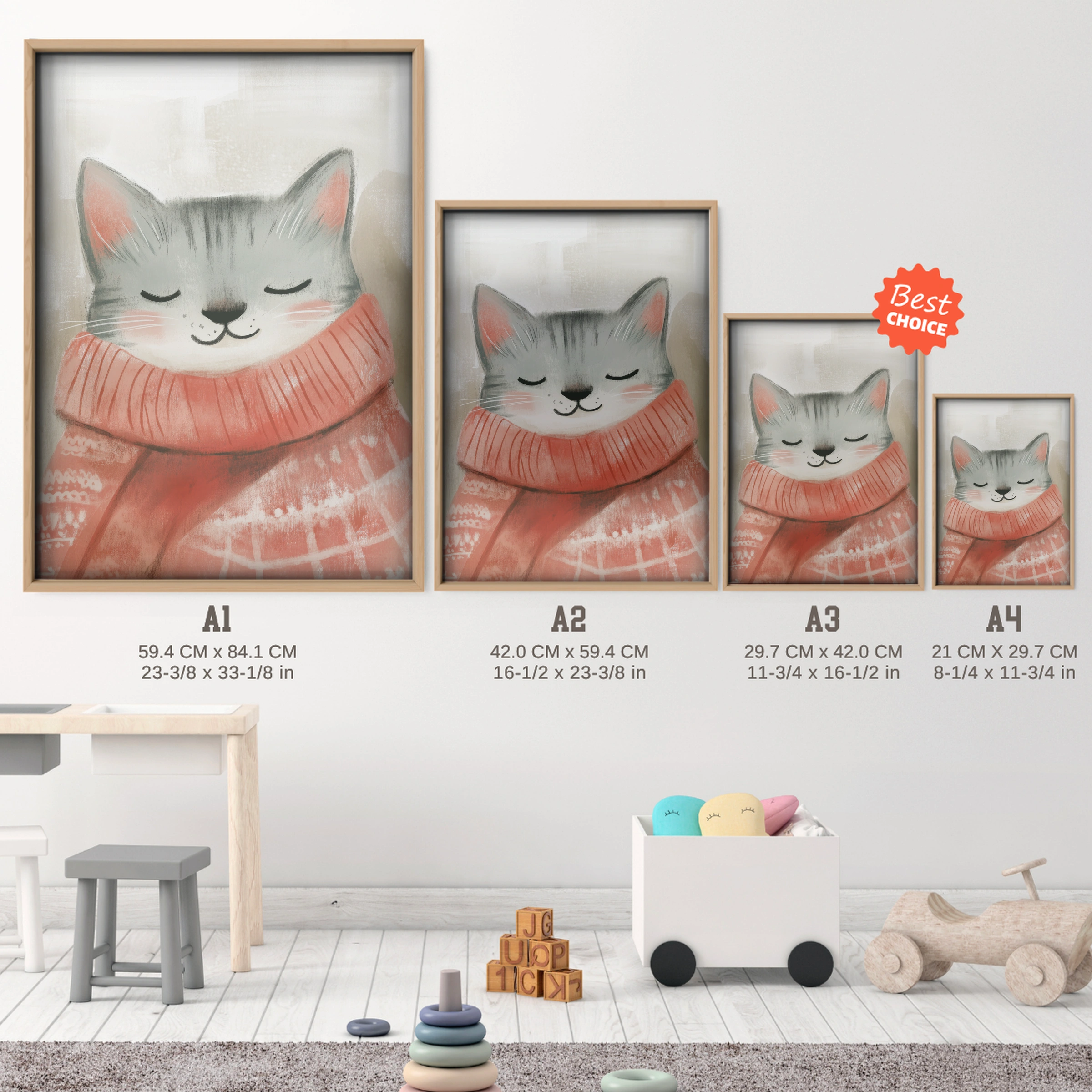 Grey Cat in a Scarf Christmas Print - size guide A4 A3 A2 A1 nursery print