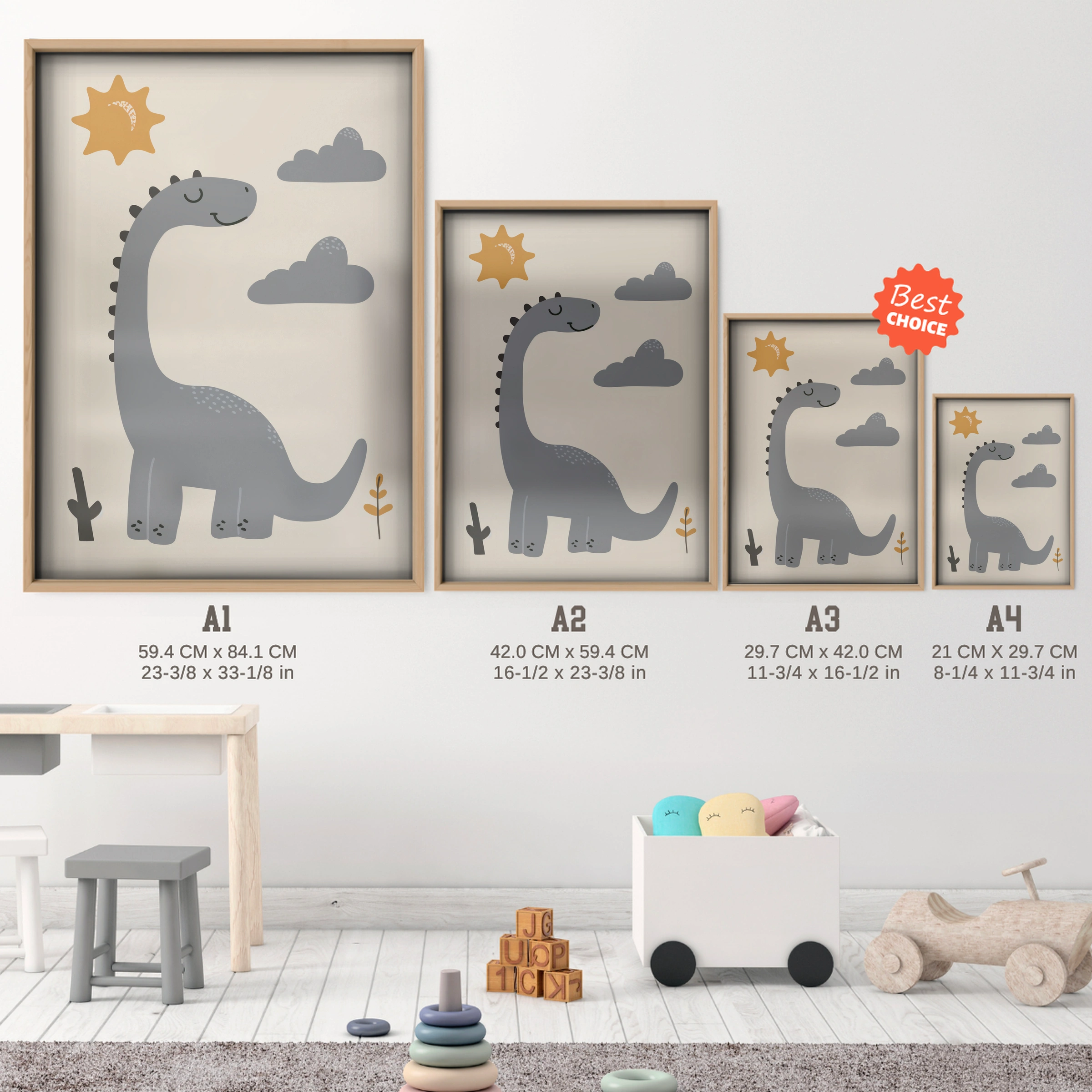 Grey Dinosaur and Sun Nursery Print - size guide A4 A3 A2 A1 nursery print