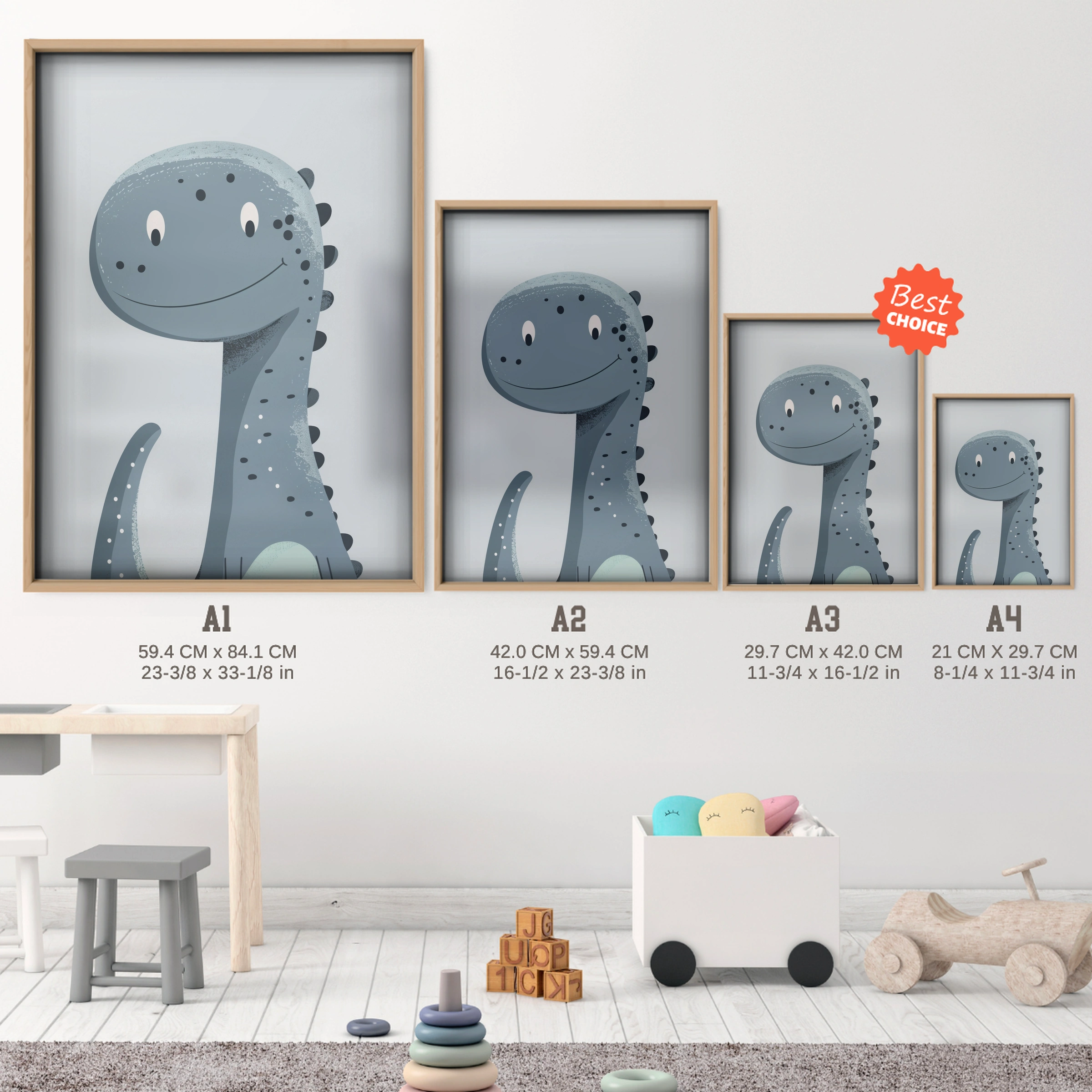 Grey Dinosaur Nursery Print - size guide A4 A3 A2 A1 nursery print