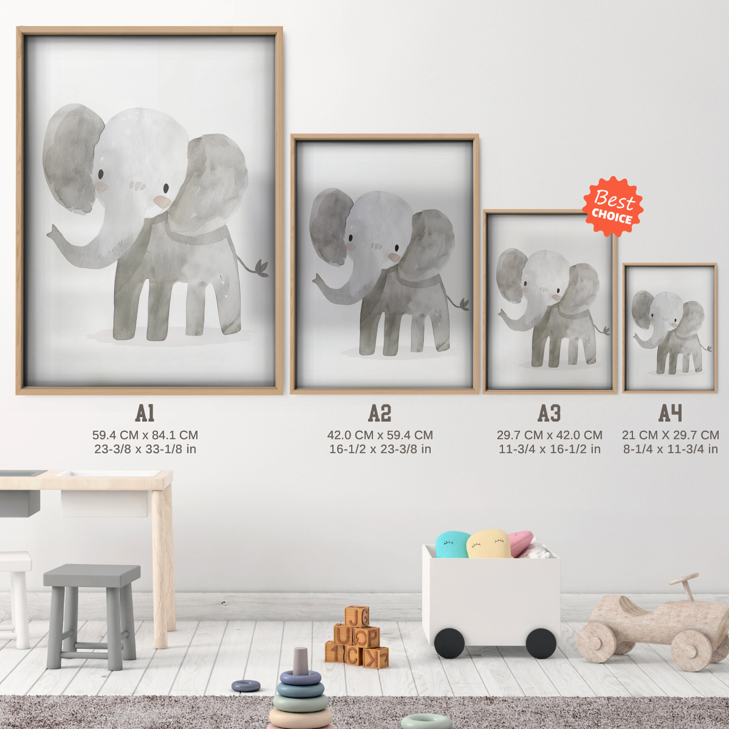 Grey Elephant Nursery Print - size guide A4 A3 A2 A1 nursery print