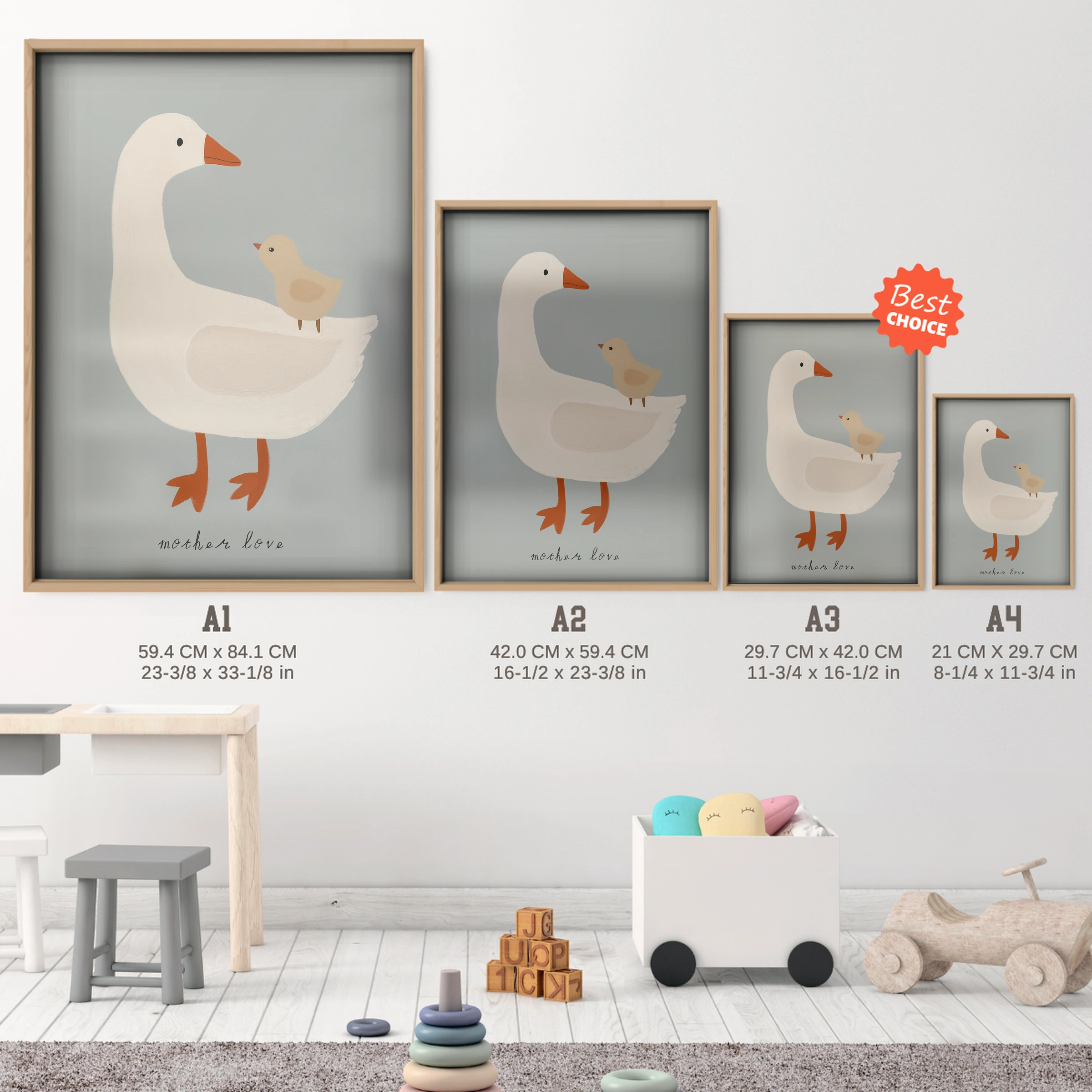 Grey Goose Nursery Print - size guide A4 A3 A2 A1 nursery print