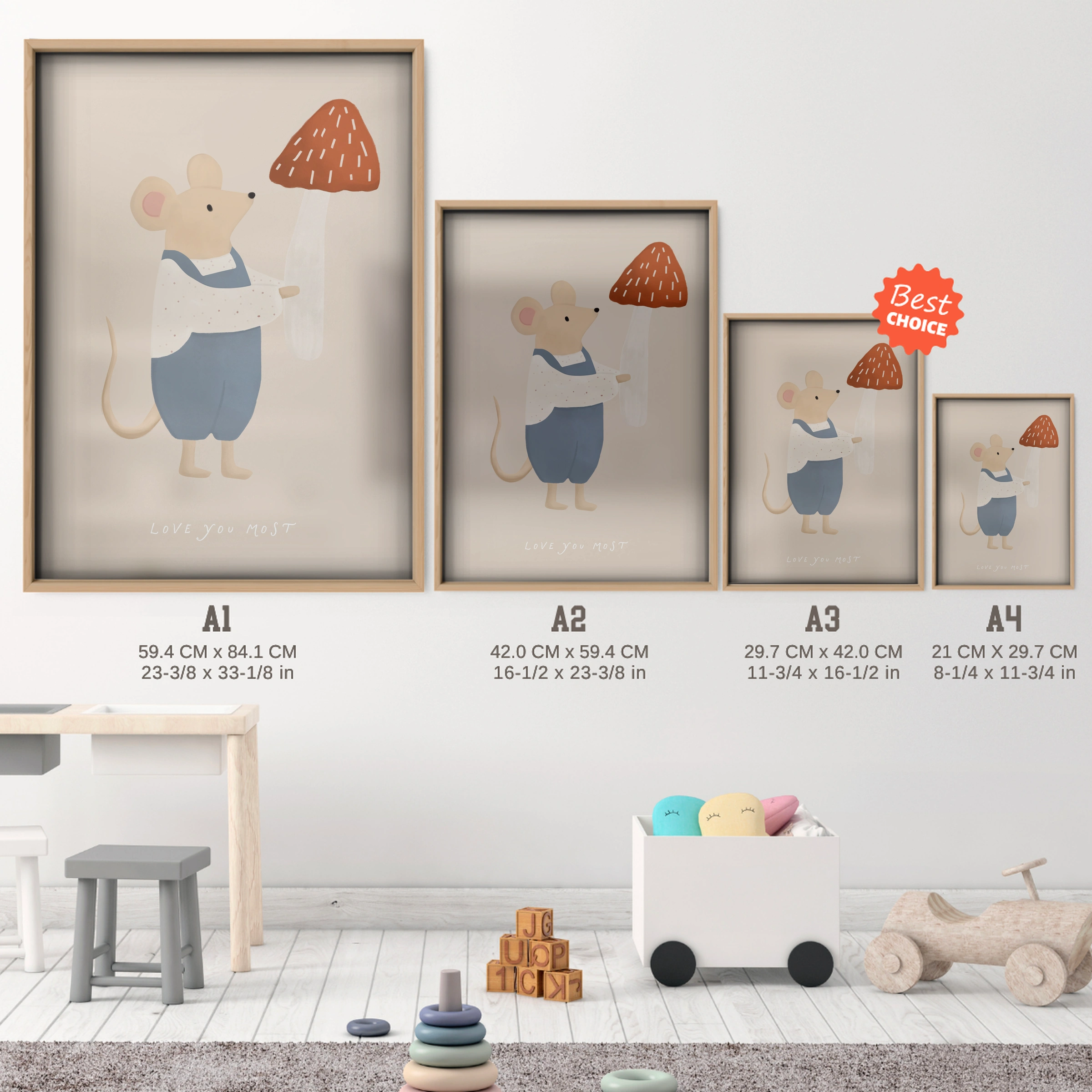 Grey Mouse Nursery Print - size guide A4 A3 A2 A1 nursery print