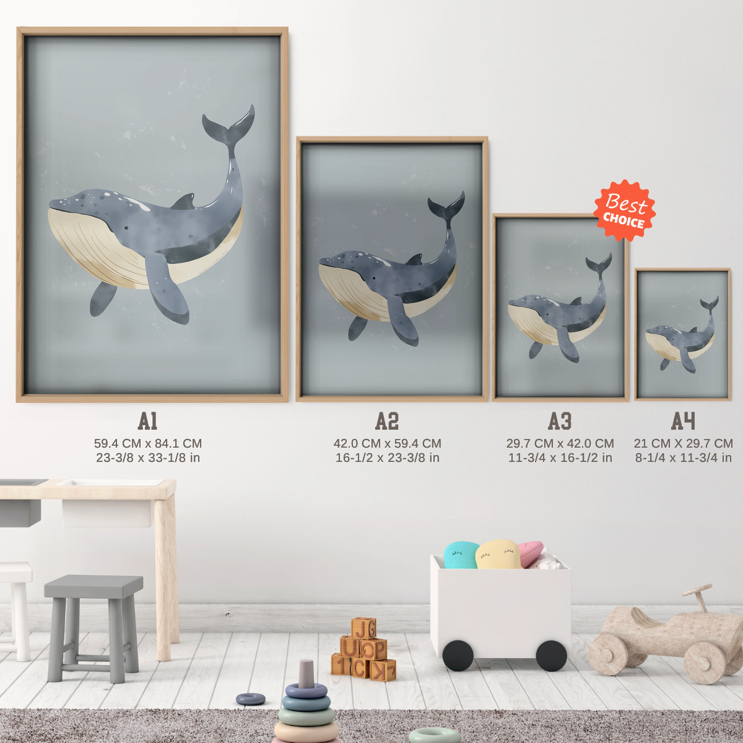 Grey Whale Nursery Print - size guide A4 A3 A2 A1 nursery print