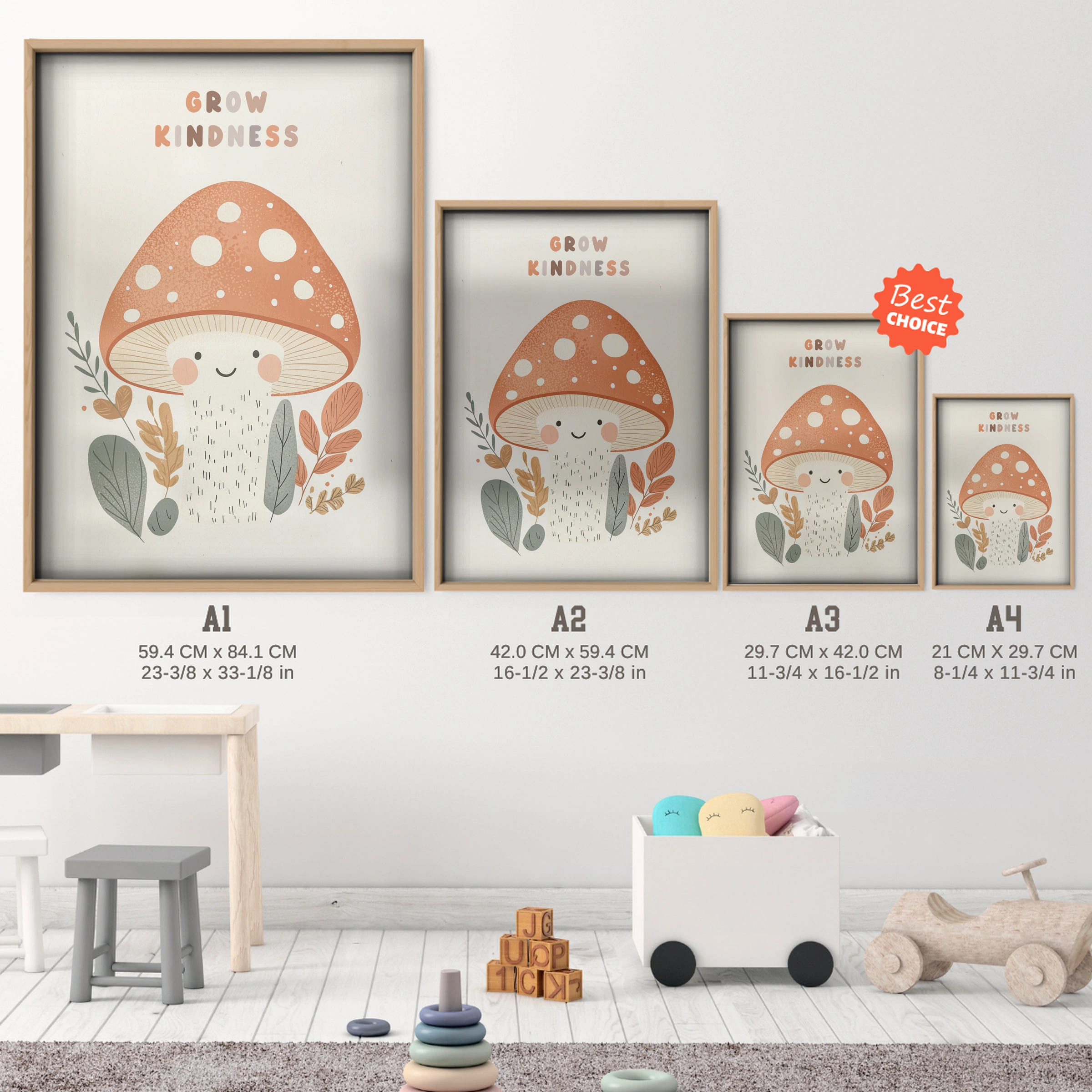 Grow Kindness Mushroom Nursery Print - size guide A4 A3 A2 A1 nursery print