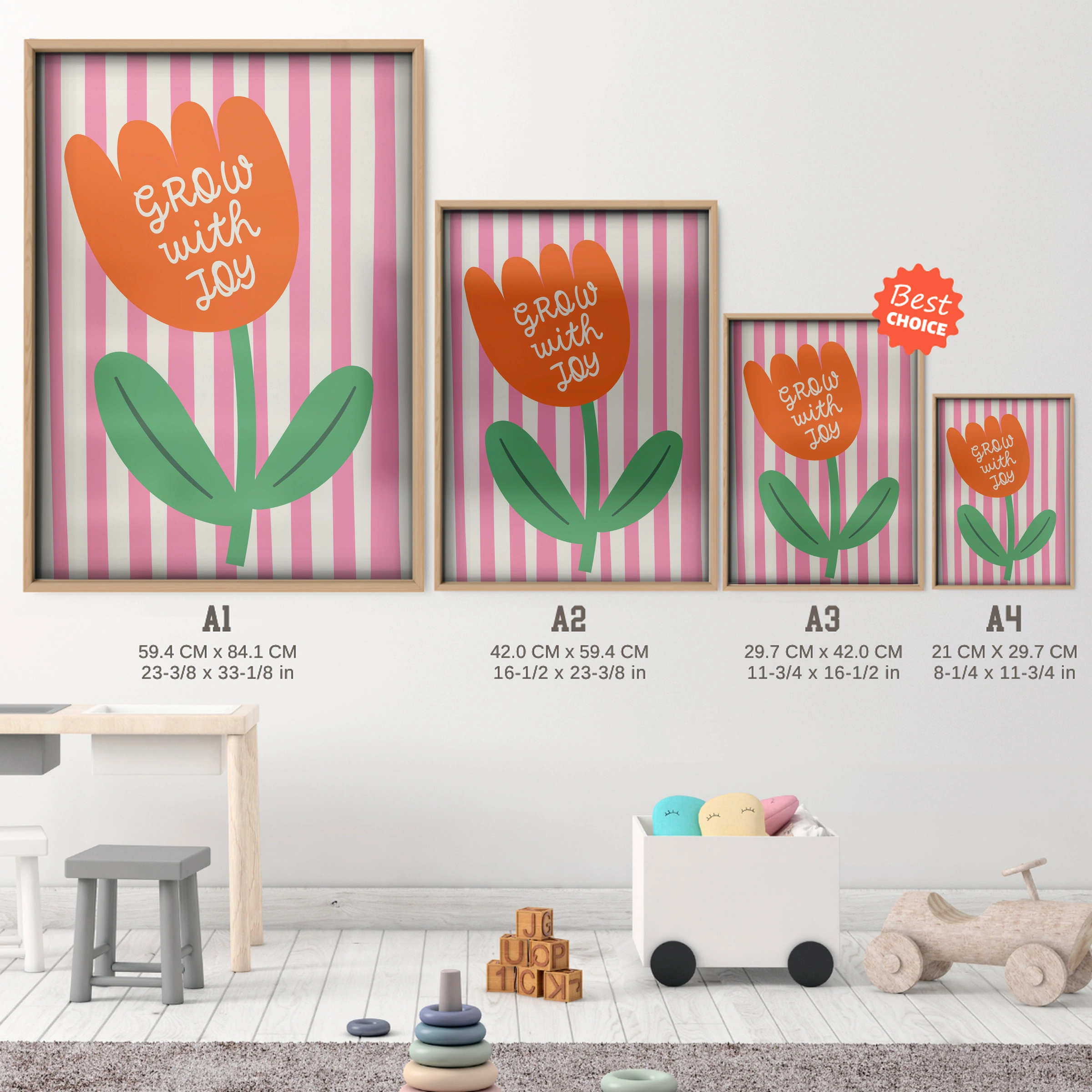 Grow With Joy Nursery Print - size guide A4 A3 A2 A1 nursery print