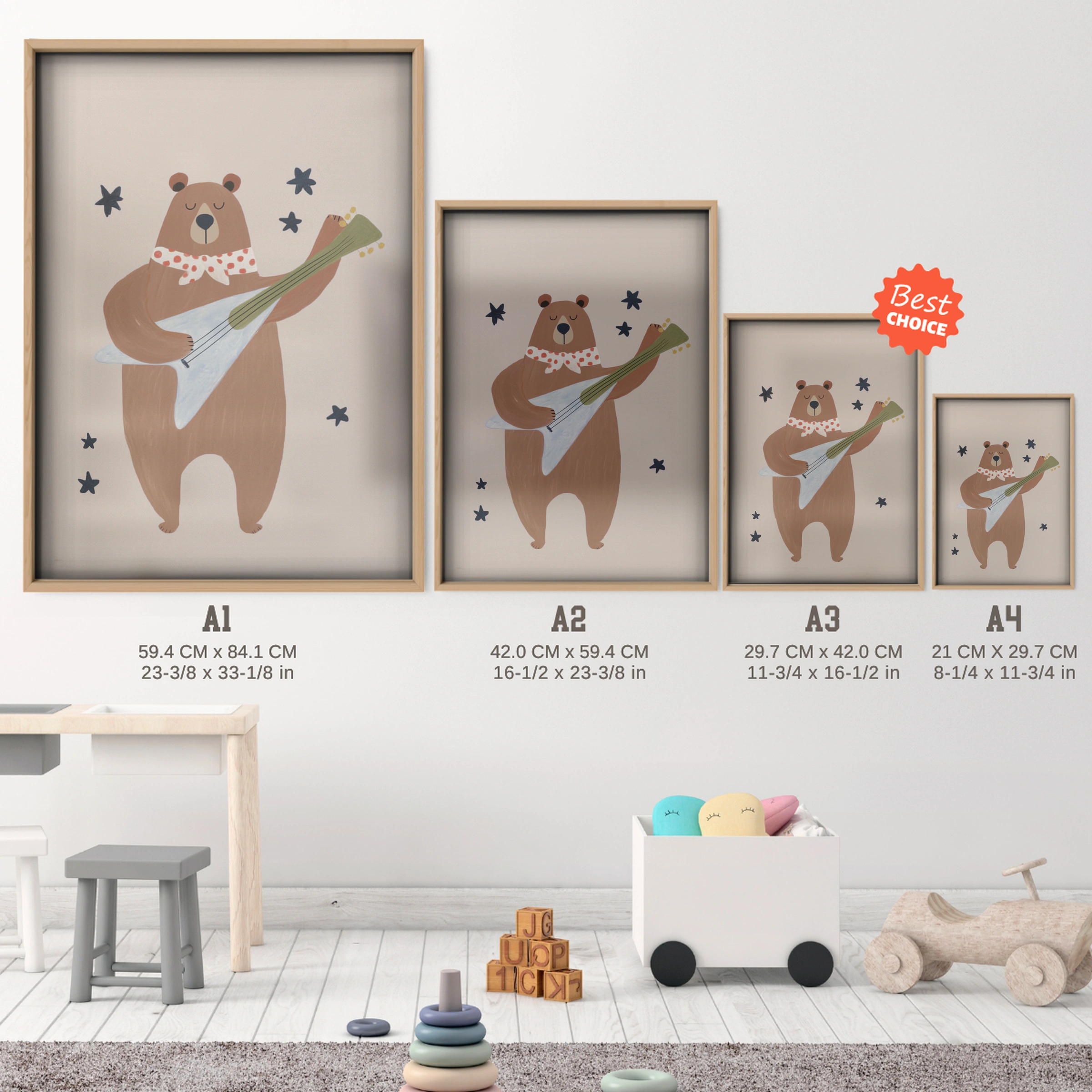 Guitar Bear Nursery Print - size guide A4 A3 A2 A1 nursery print