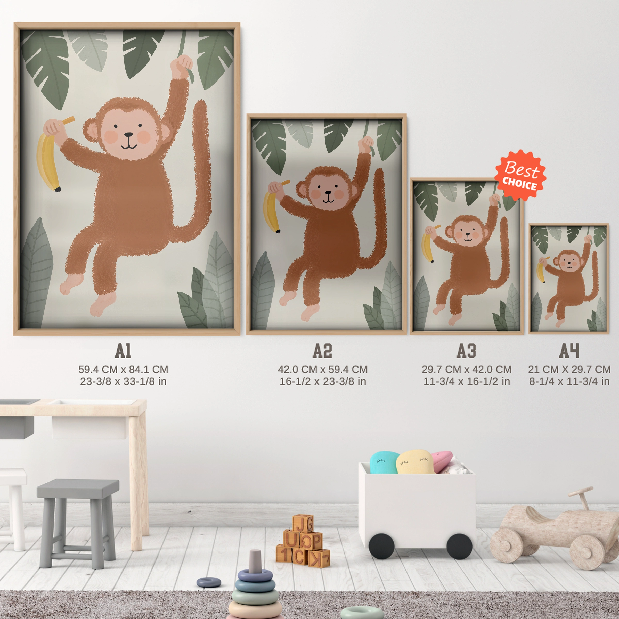 Hanging Monkey Nursery Print - size guide A4 A3 A2 A1 nursery print
