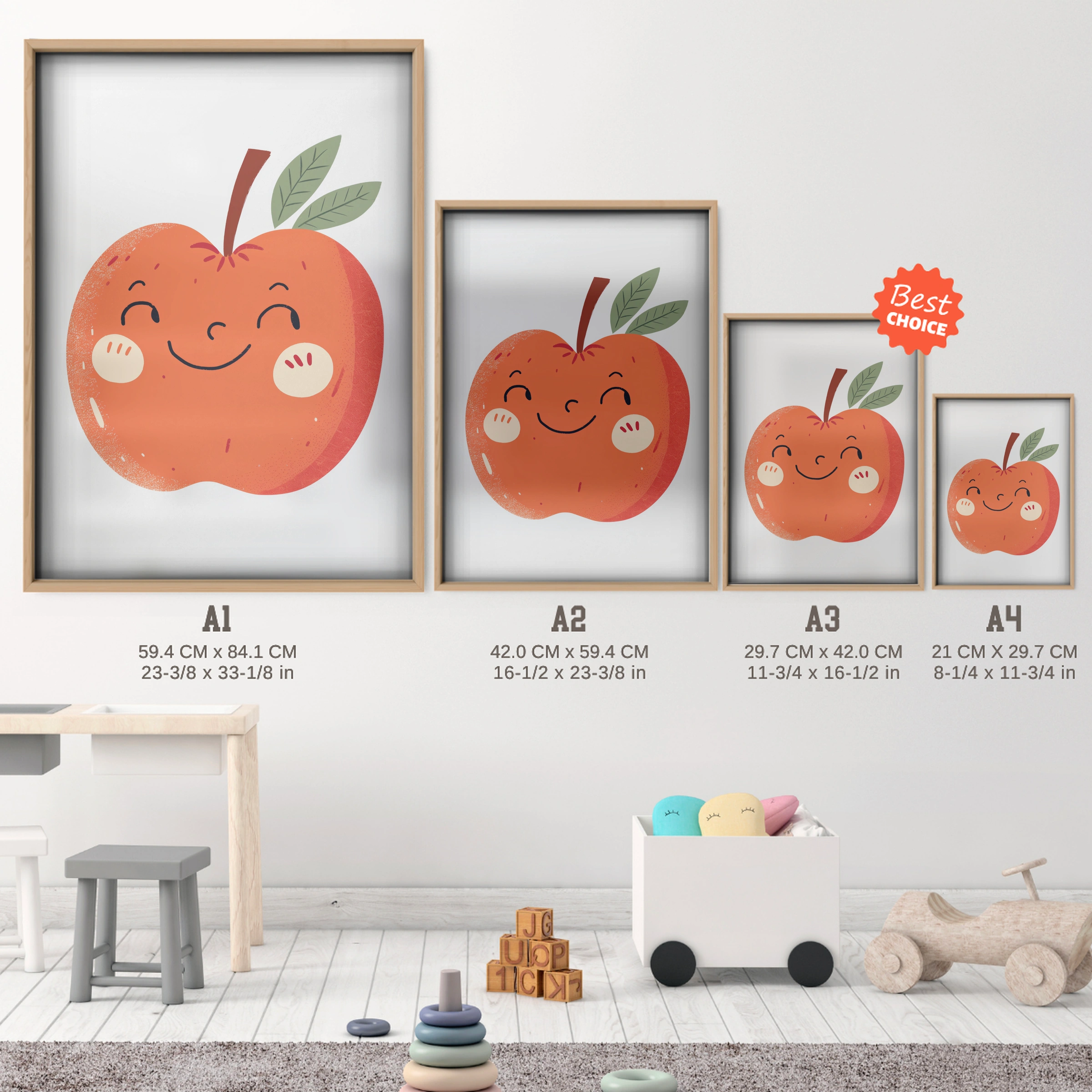 Happy Apple Nursery Print - size guide A4 A3 A2 A1 nursery print