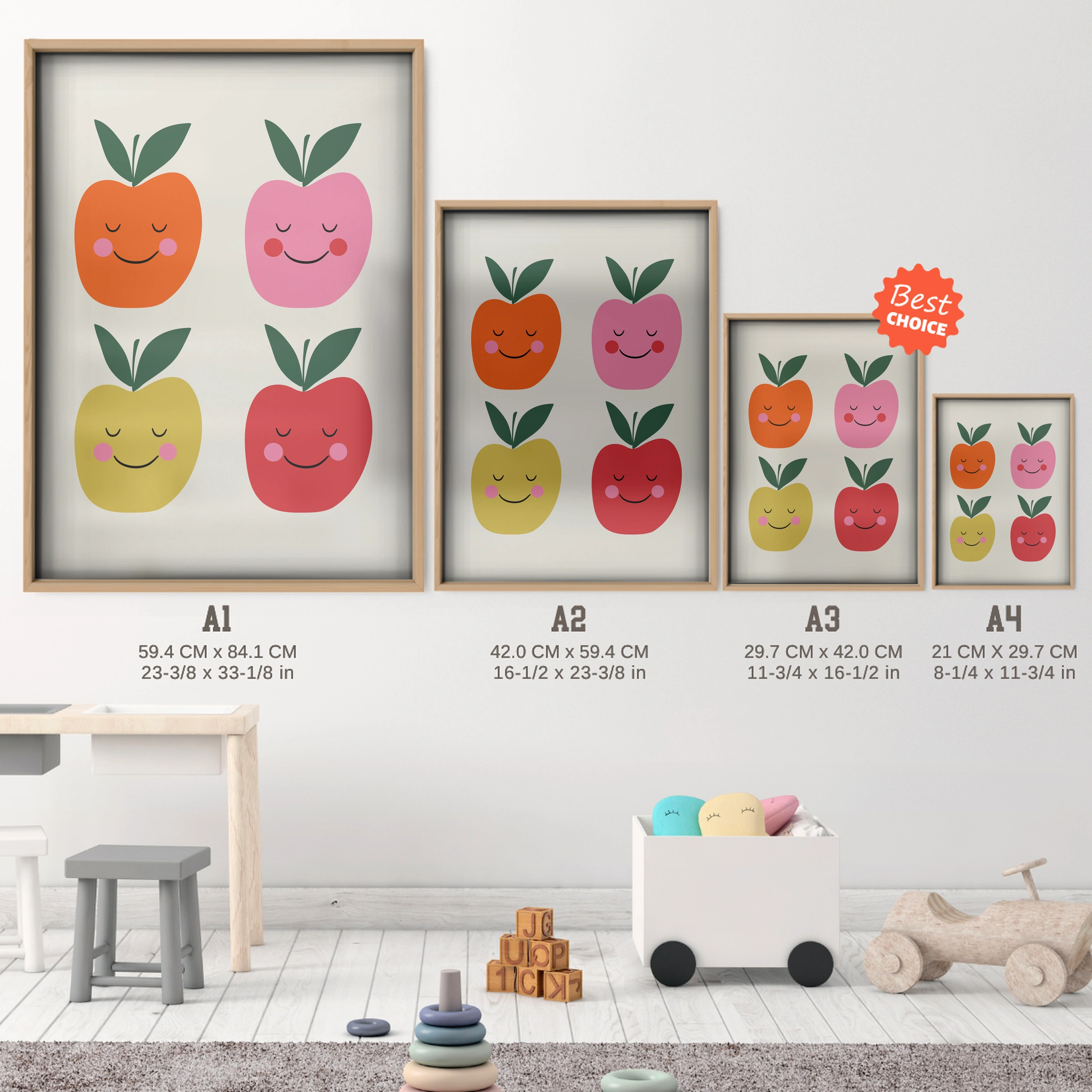 Happy Apples Nursery Print - size guide A4 A3 A2 A1 nursery print