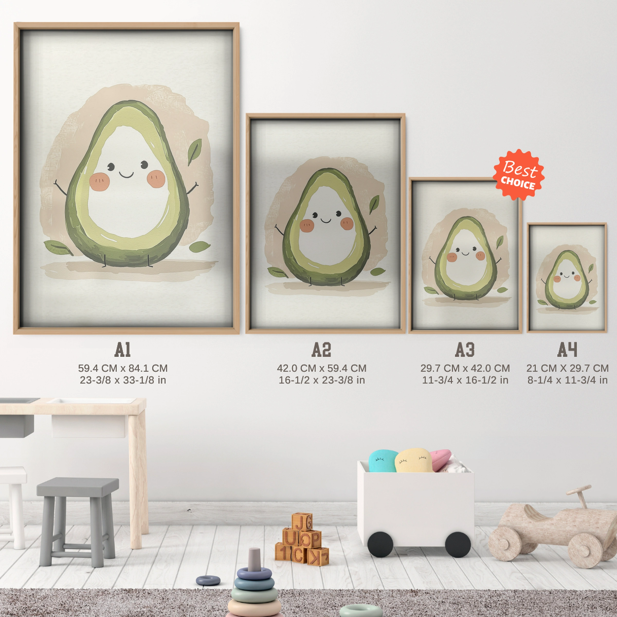 Happy Avocado Nursery Print - size guide A4 A3 A2 A1 nursery print