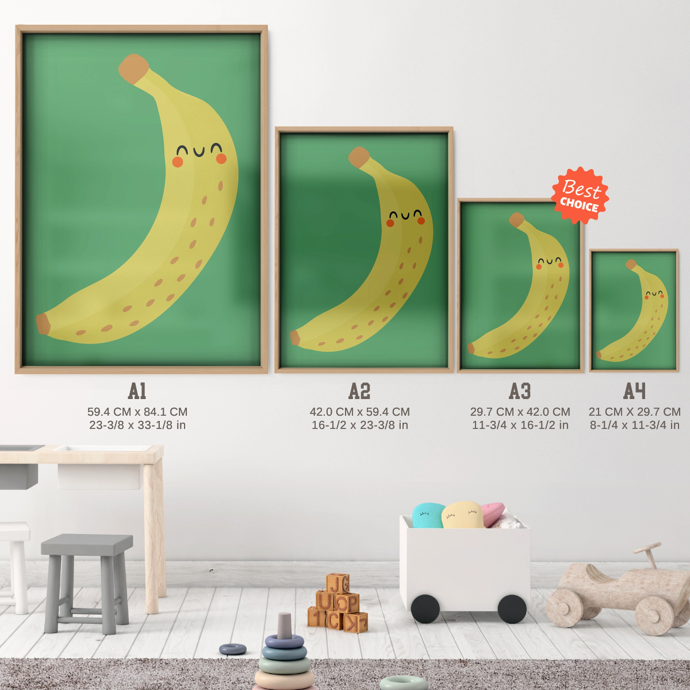 Happy Banana Nursery Print - size guide A4 A3 A2 A1 nursery print