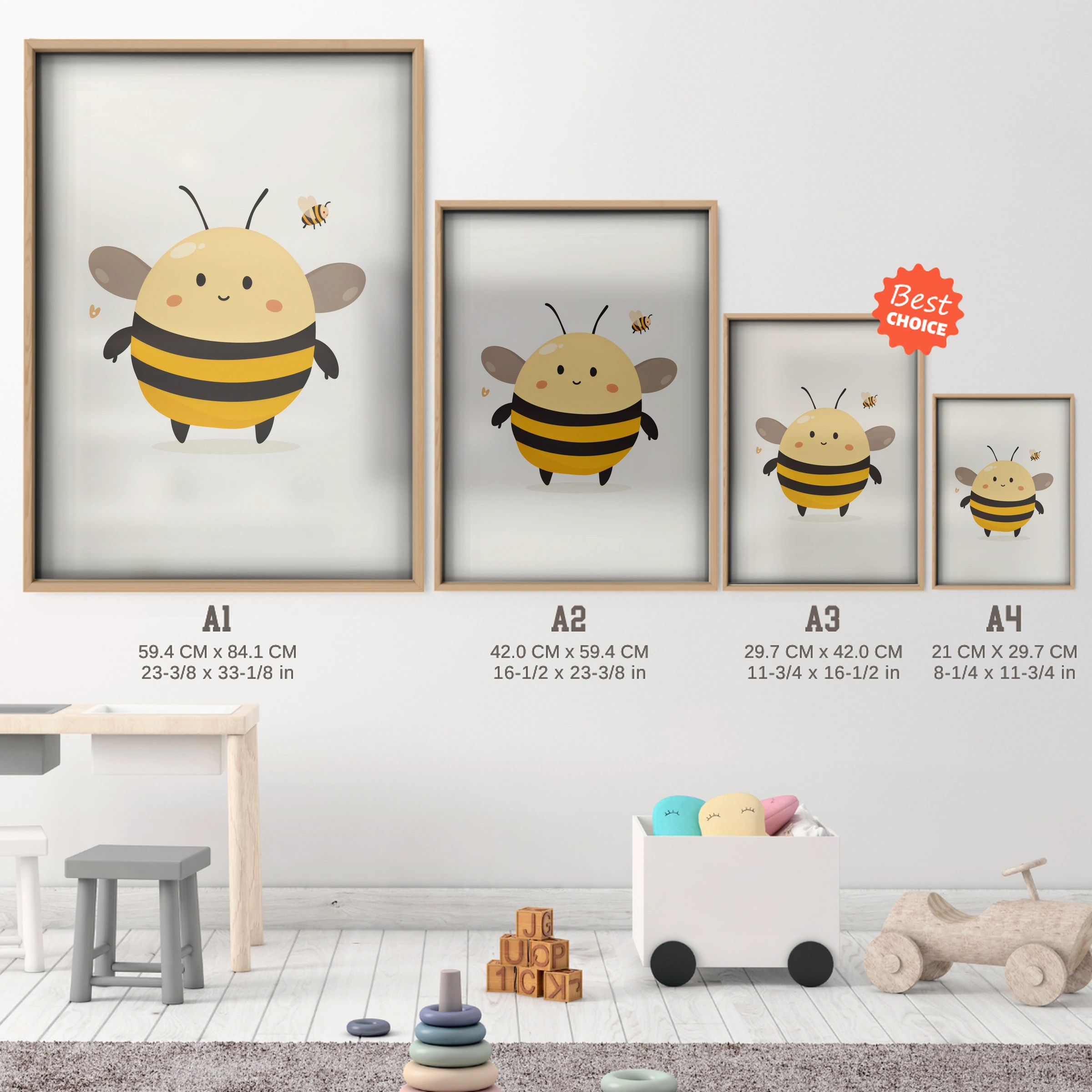 Happy Bee Nursery Print - size guide A4 A3 A2 A1 nursery print