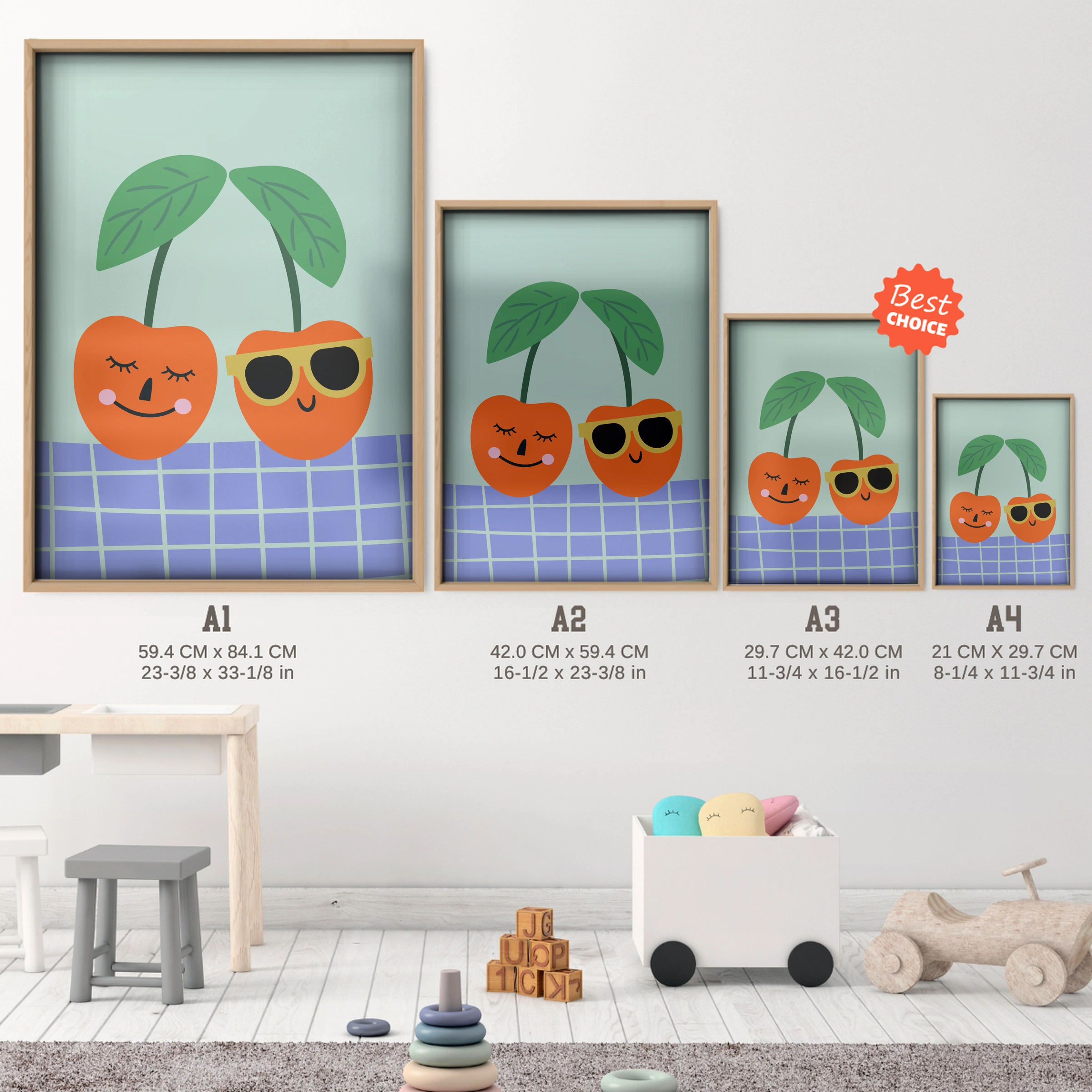 Happy Cherries Nursery Print - size guide A4 A3 A2 A1 nursery print