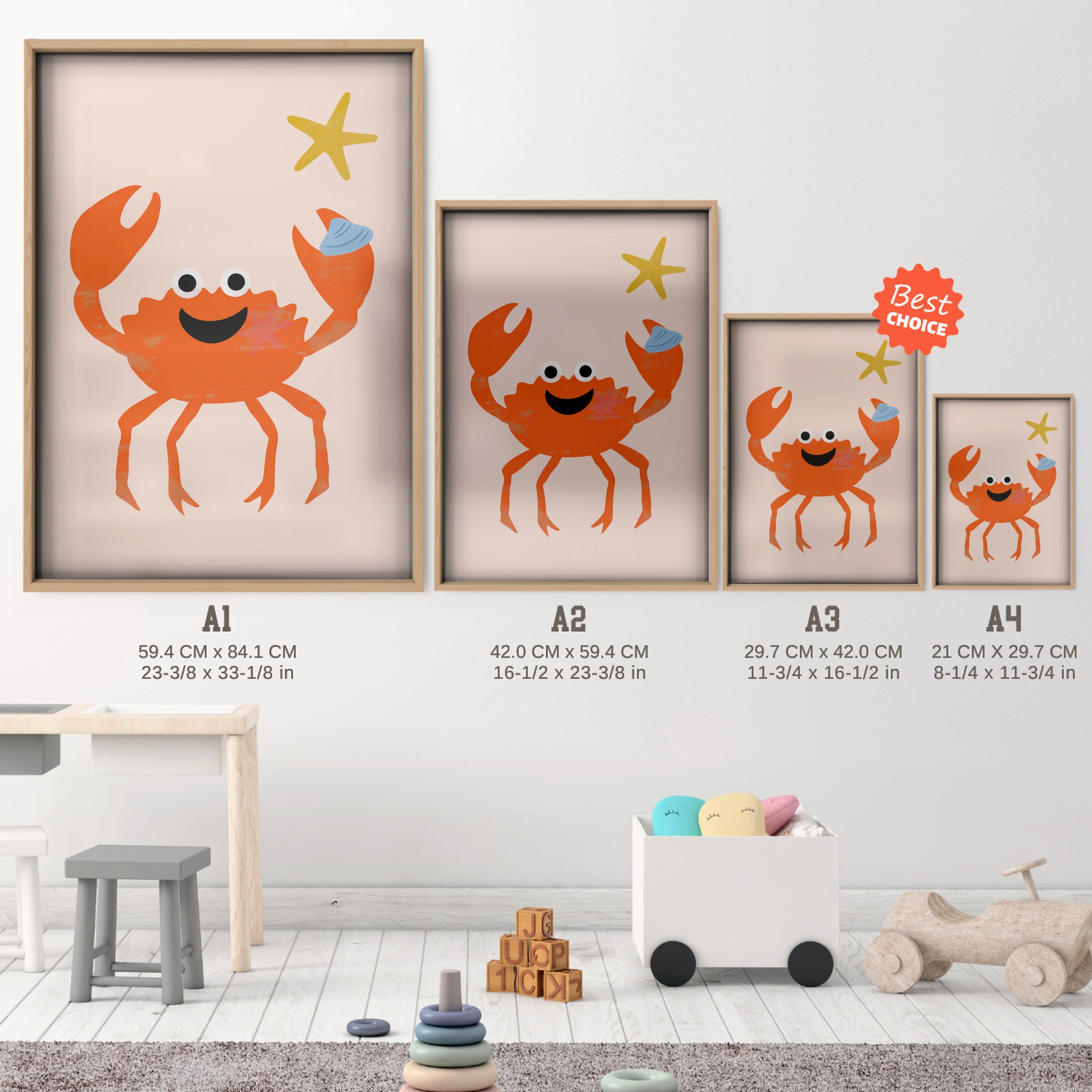Happy Crab Nursery Print - size guide A4 A3 A2 A1 nursery print