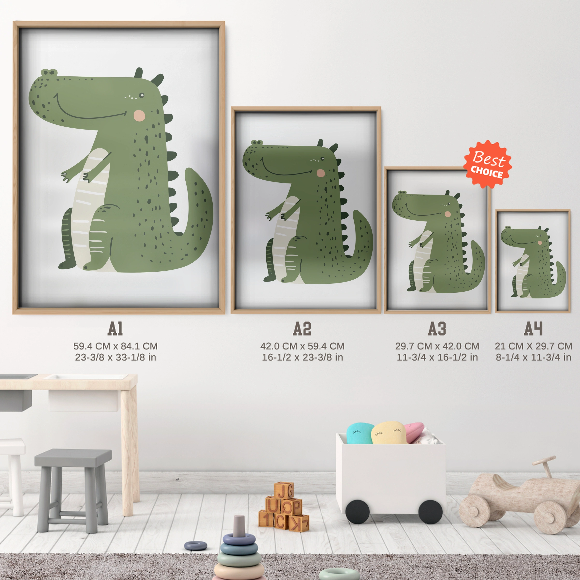 Happy Crocodile Nursery Print - size guide A4 A3 A2 A1 nursery print