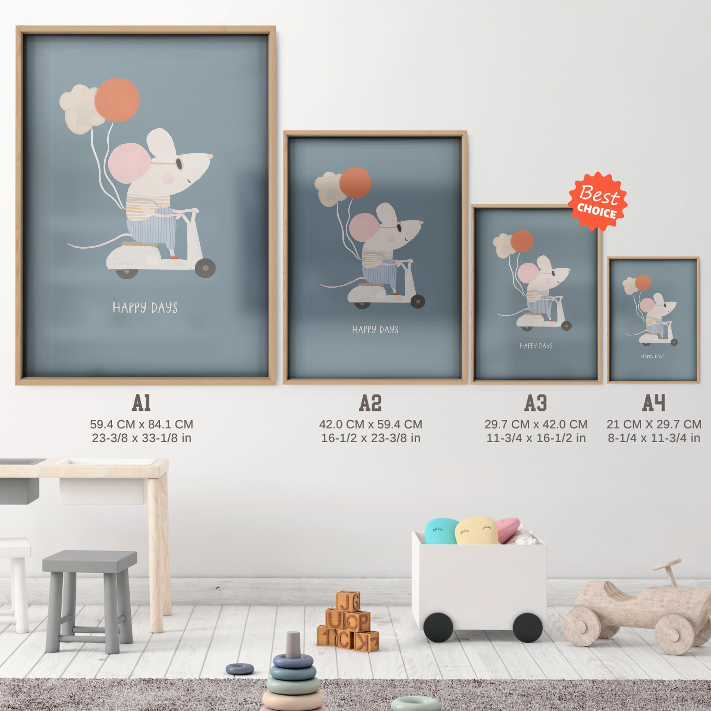 Happy Days Mouse Nursery Print - size guide A4 A3 A2 A1 nursery print