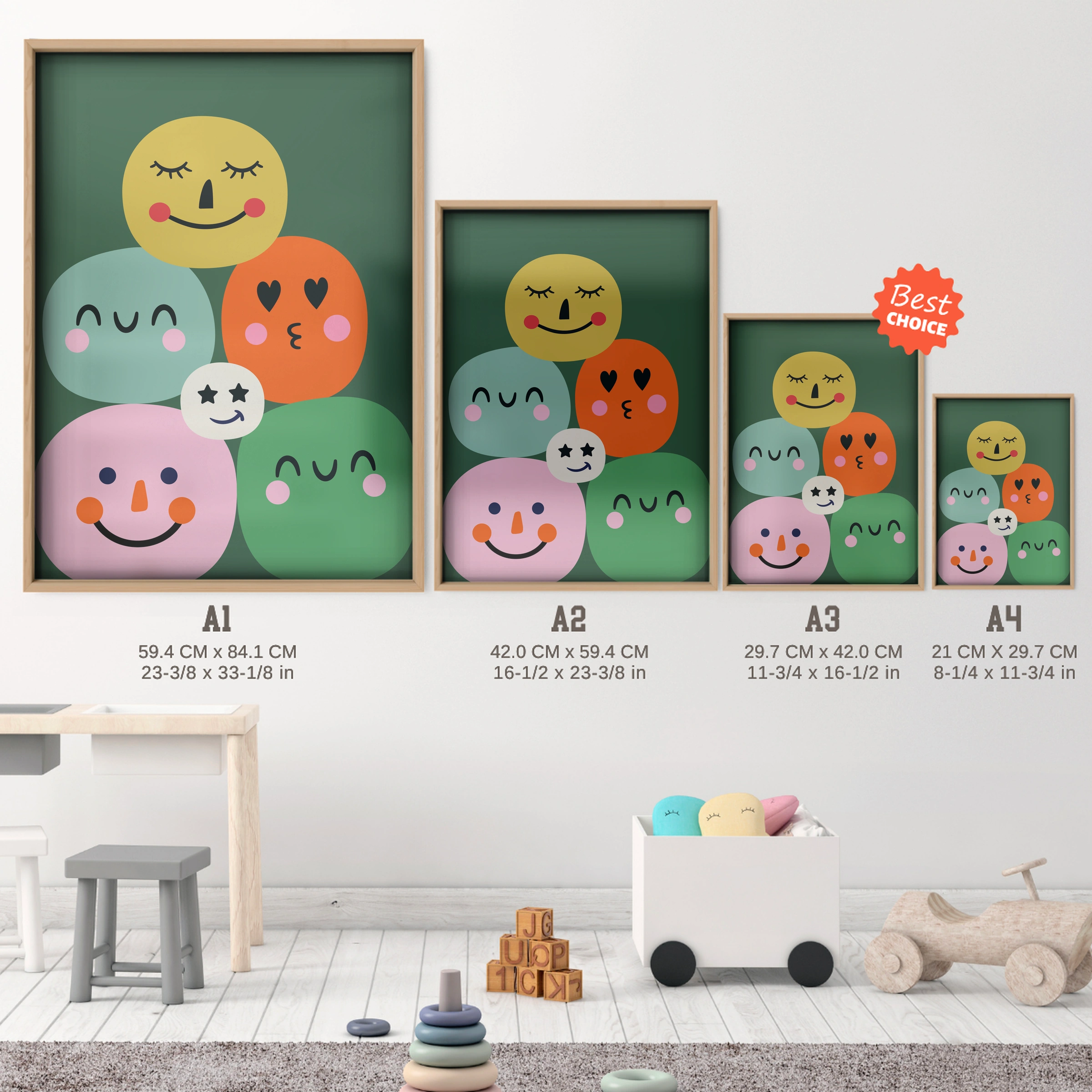 Happy Faces Nursery Print - size guide A4 A3 A2 A1 nursery print