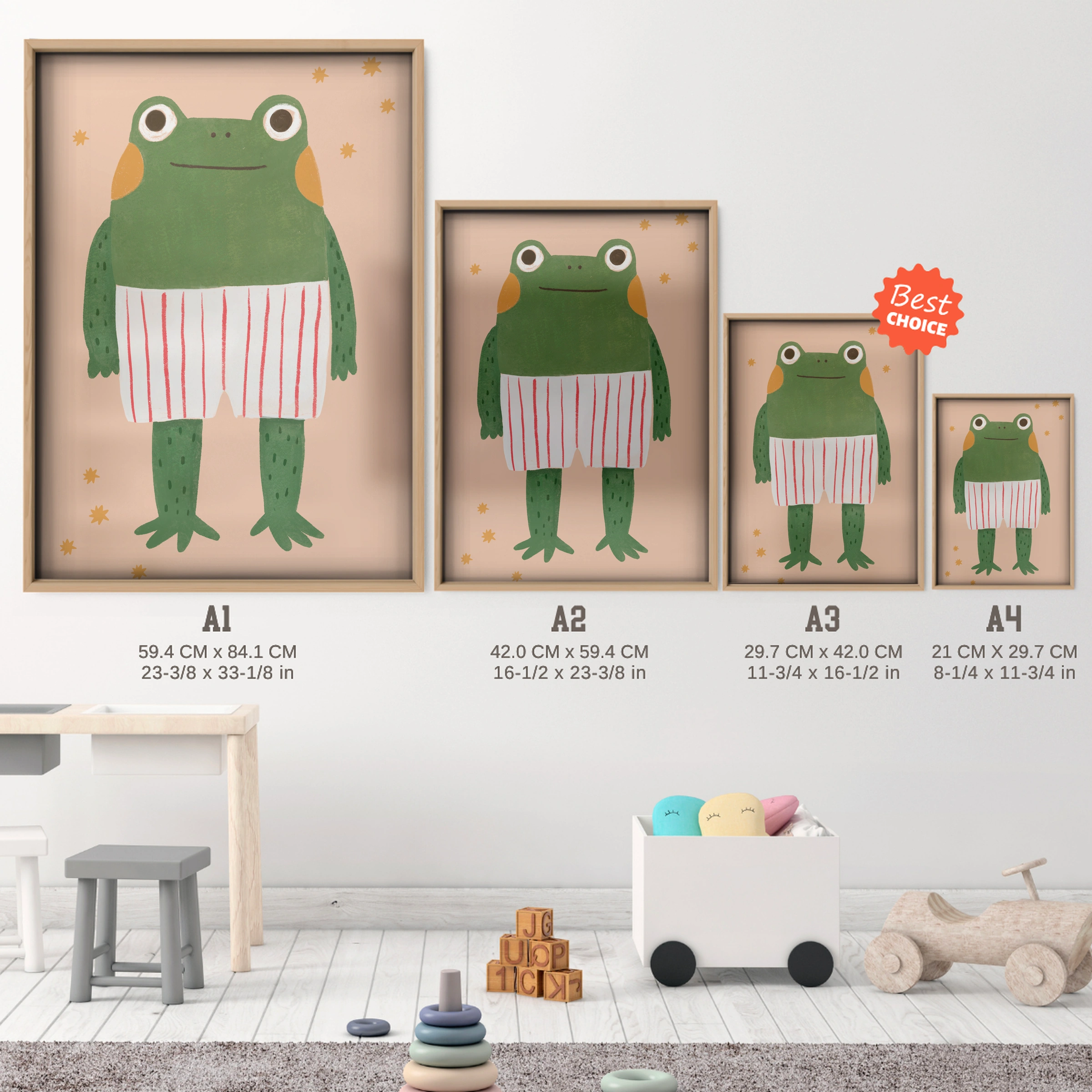 Happy Frog Nursery Print - size guide A4 A3 A2 A1 nursery print