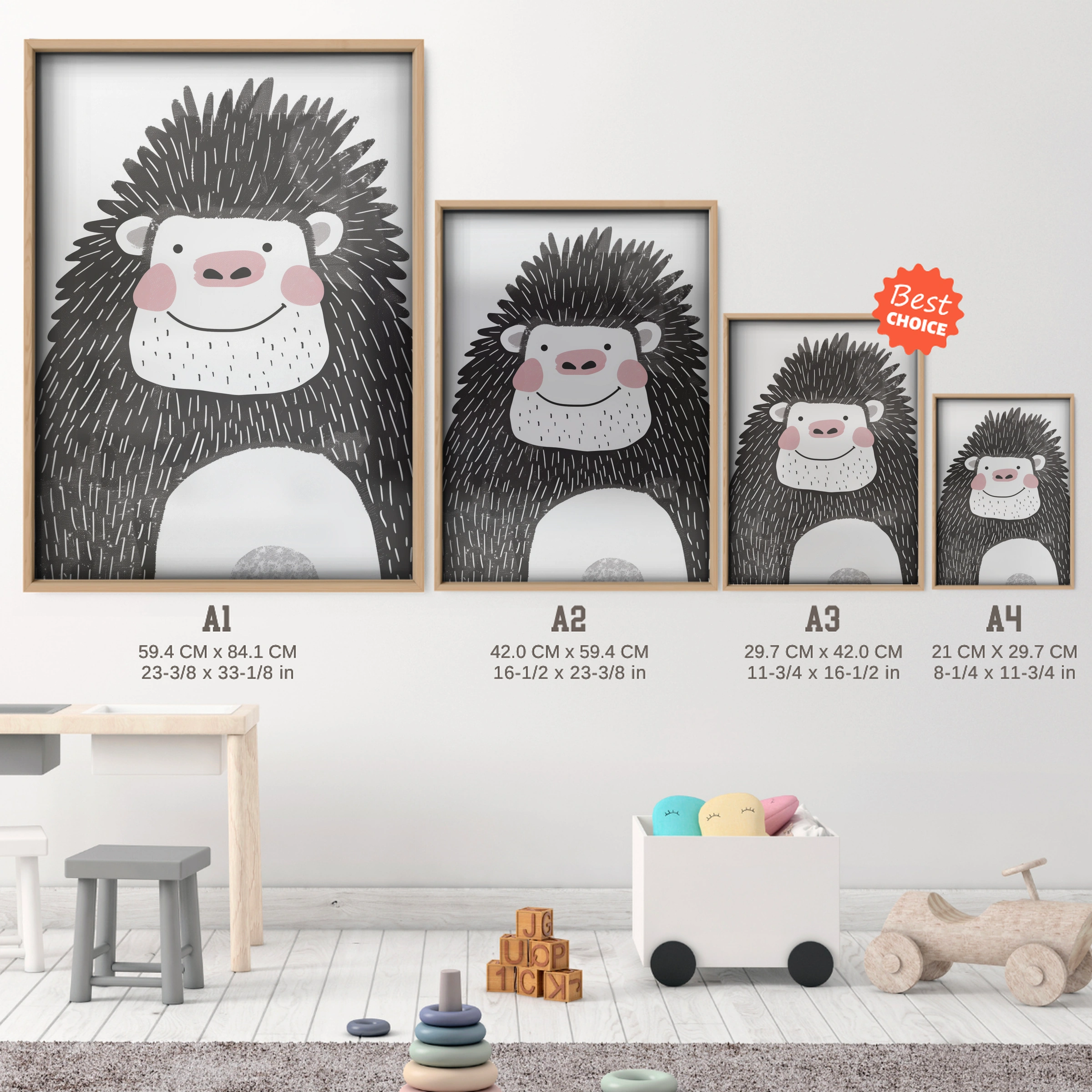 Happy Gorilla Nursery Print - size guide A4 A3 A2 A1 nursery print