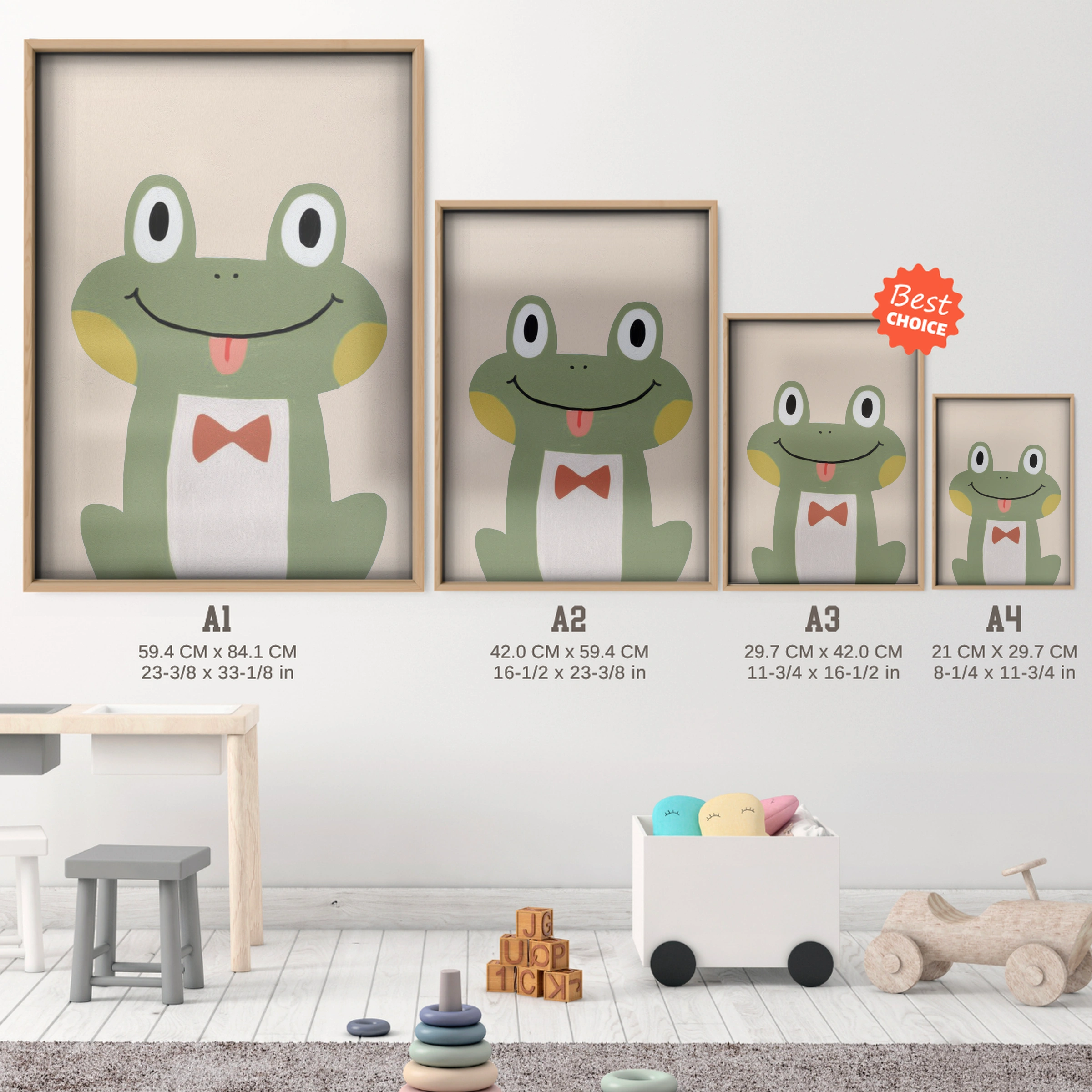 Happy Green Frog Nursery Print - size guide A4 A3 A2 A1 nursery print