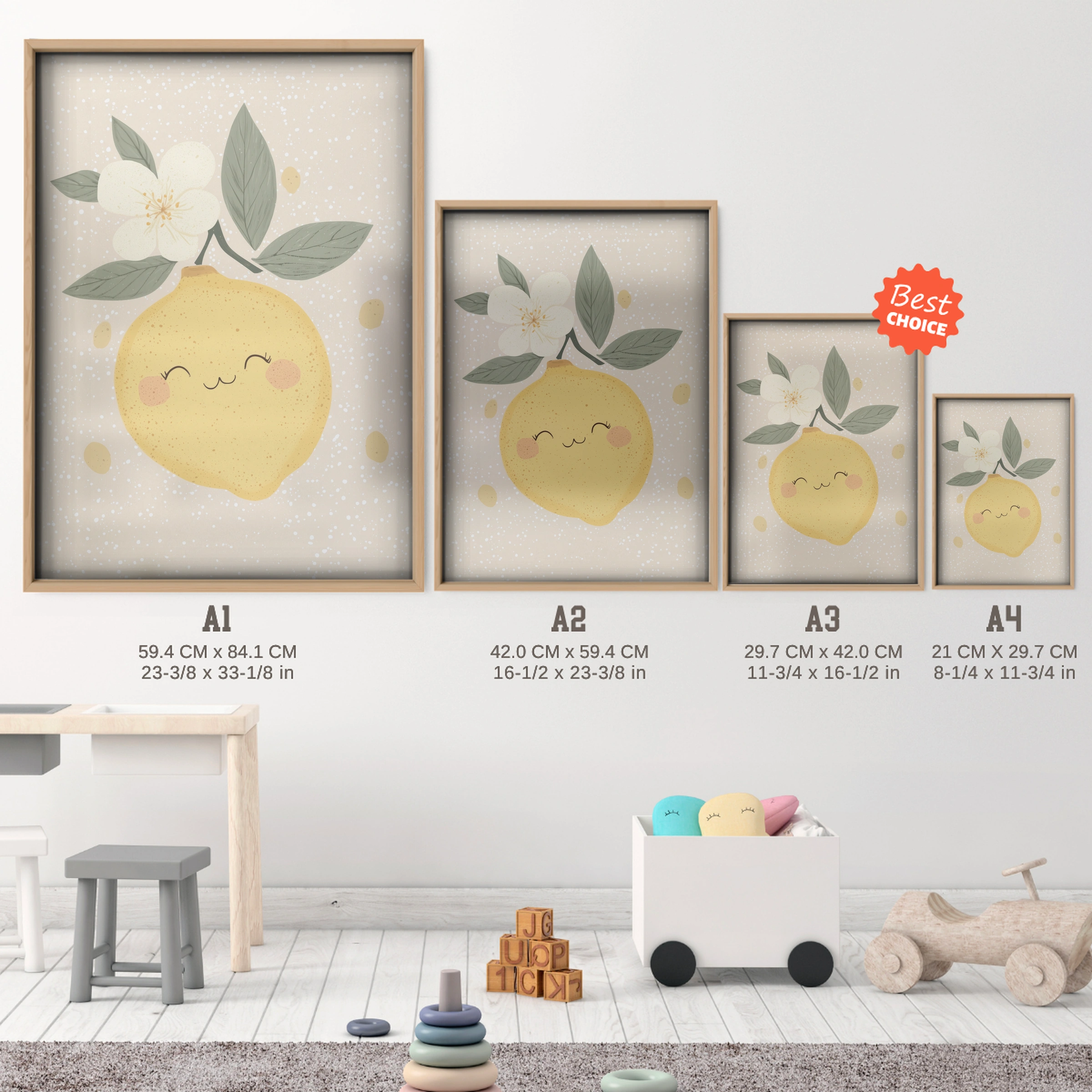 Happy Lemon Nursery Print - size guide A4 A3 A2 A1 nursery print